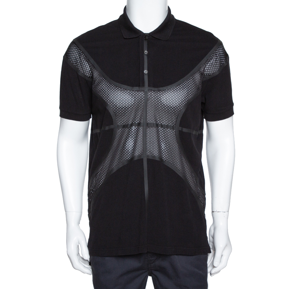 Image of Givenchy Black Cotton Pique Mesh Paneled Oversized Polo T Shirt XS