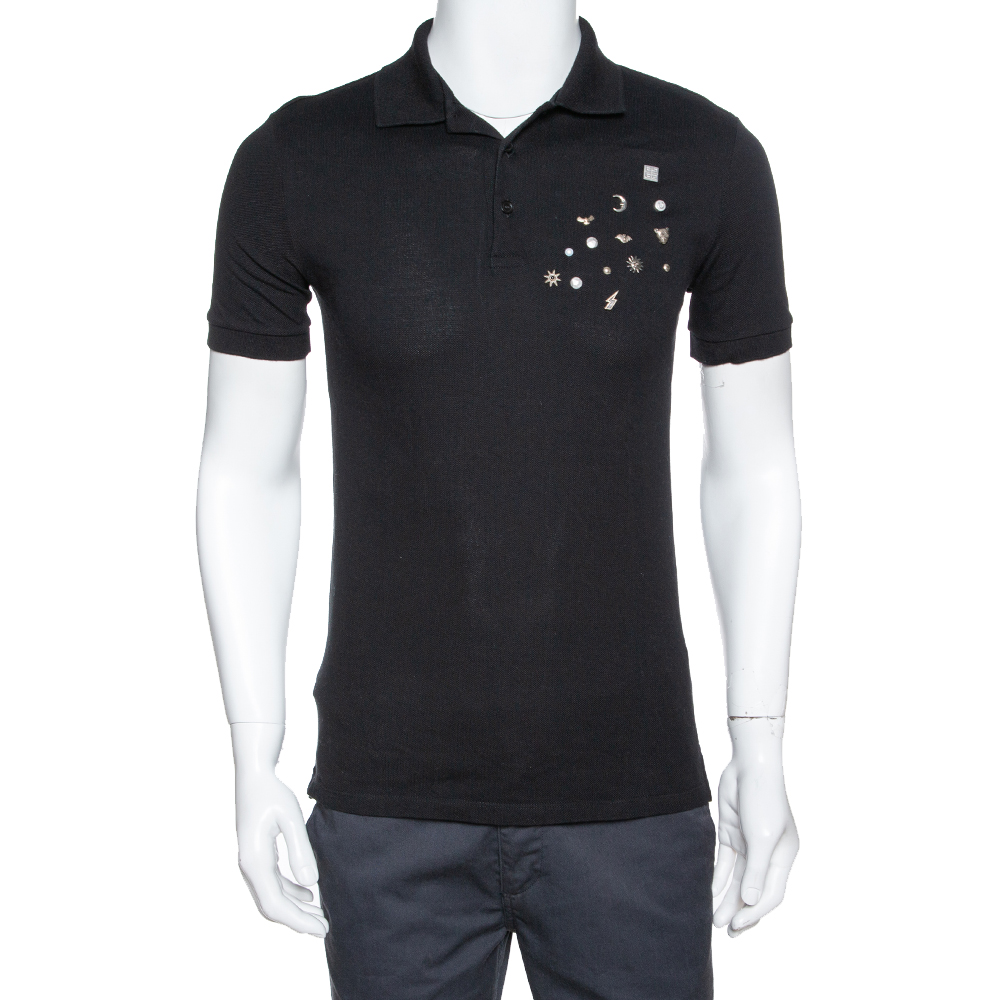 Image of Givenchy Black Cotton Multi Symbols Detail Slim Fit Polo T-Shirt S