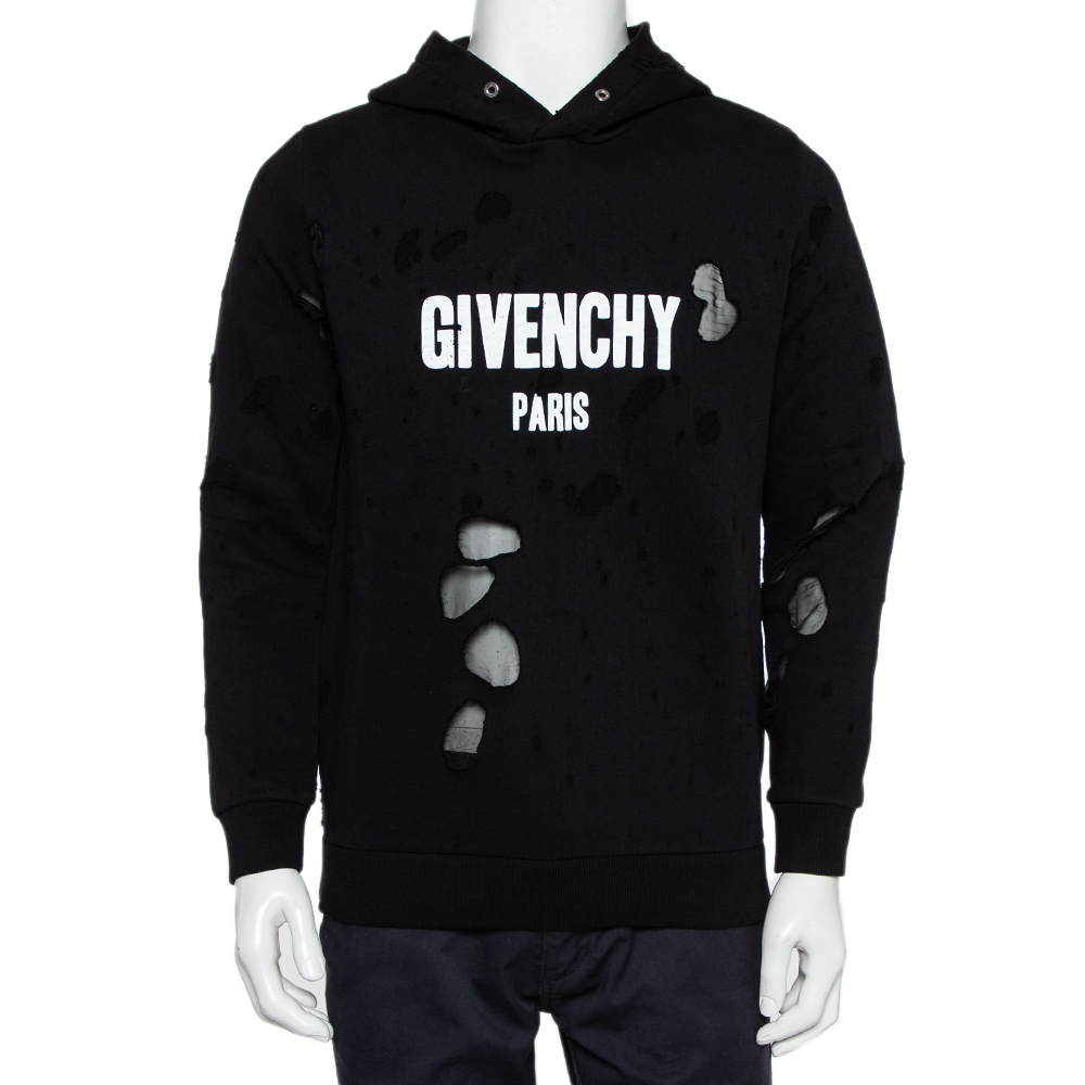 Givenchy Black Logo Print Cotton Distressed Hooded Sweatshirt S