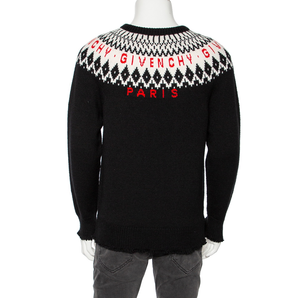 Givenchy Black Fair Isle Logo Knit Wool Frayed Edged Sweater M