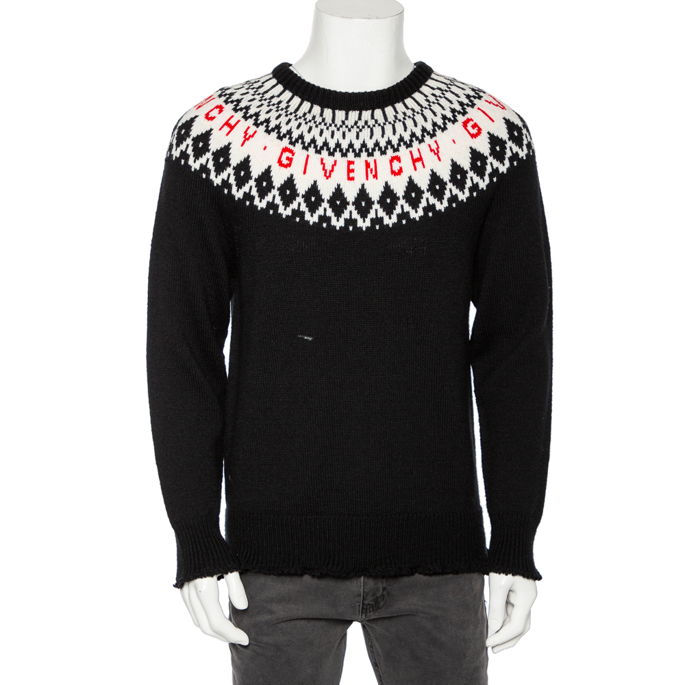 Givenchy Black Fair Isle Logo Knit Wool Frayed Edged Sweater M