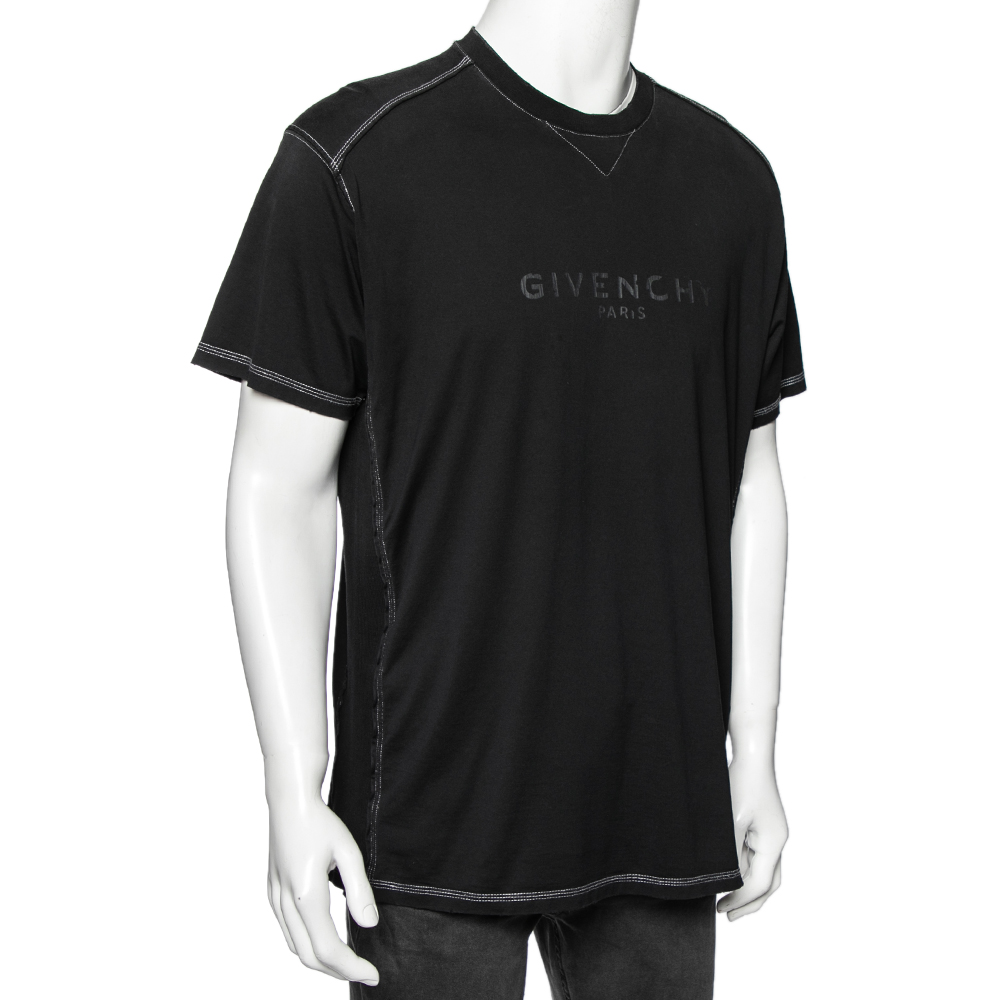 Givenchy Black Logo Printed Side Trim Detail Distressed T-Shirt S