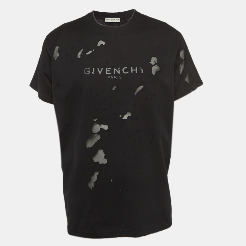 Givenchy Black Logo Print Distressed Cotton Crew Neck T-Shirt S