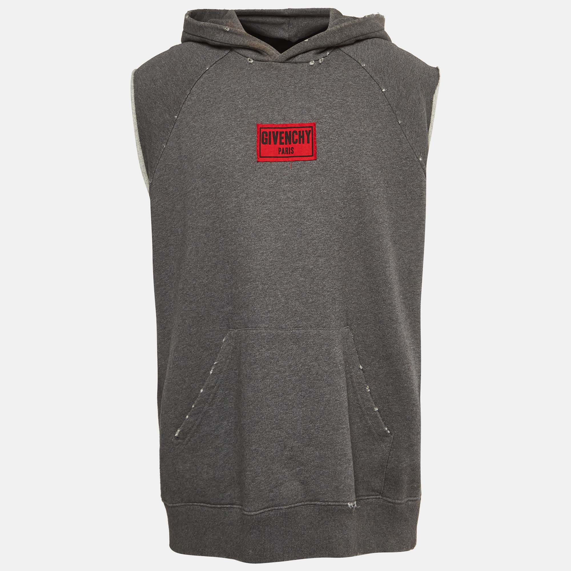 

Givenchy Grey Logo Applique Distressed Knit Sleeveless Hoodie