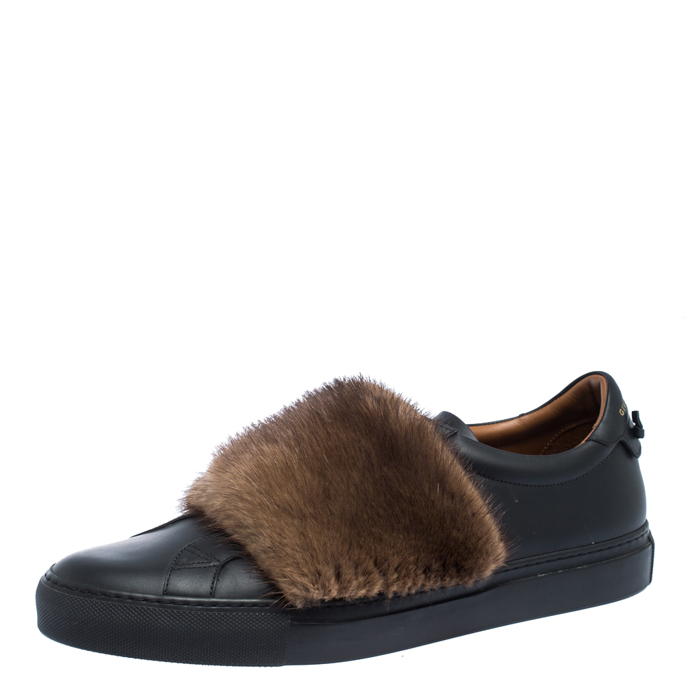 Image of Givenchy Black Leather And Brown Mink Fur Urban Street Slip On Sneakers Size