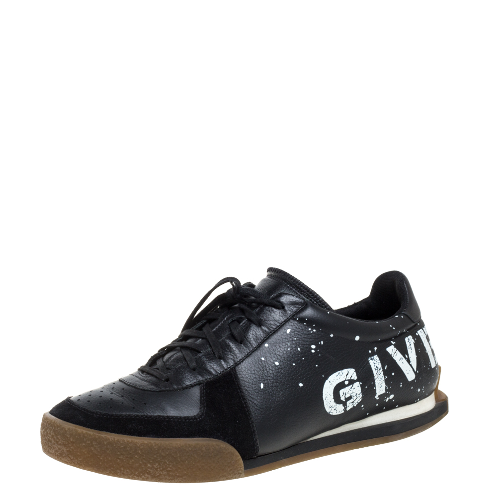 Image of Givenchy Black Leather And Suede Logo Script Low Top Sneakers Size