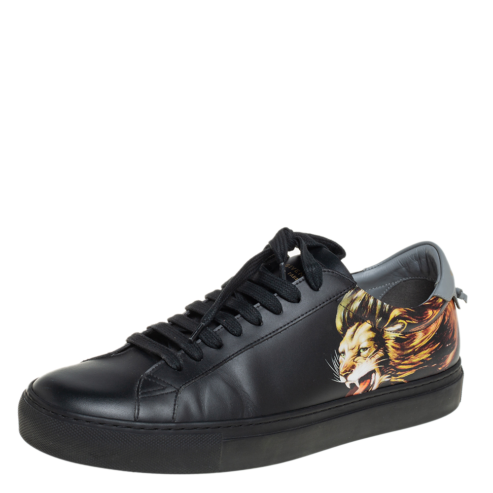 Givenchy Black Leather Lion Print Urban Street Low Top Sneakers Size 42