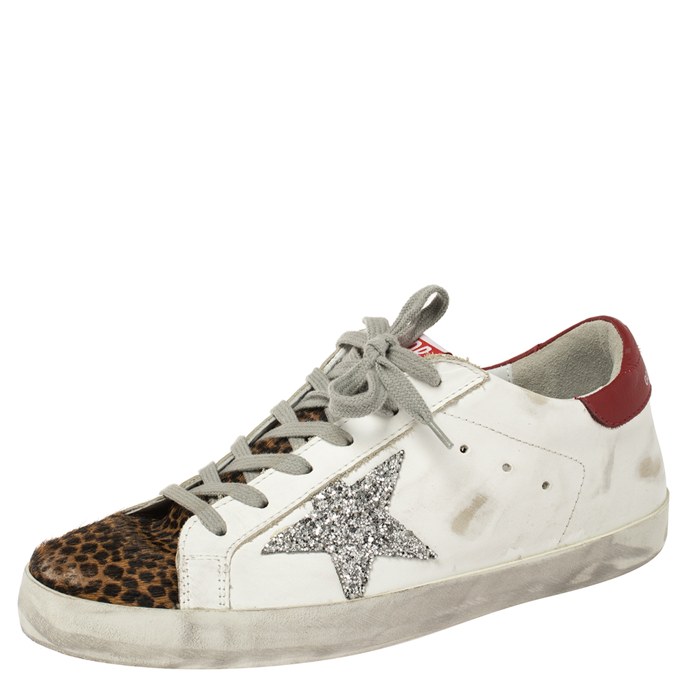 Image of Golden Goose White/ Brown Leather and Calf Hair Superstar Lace Up Sneakers Size