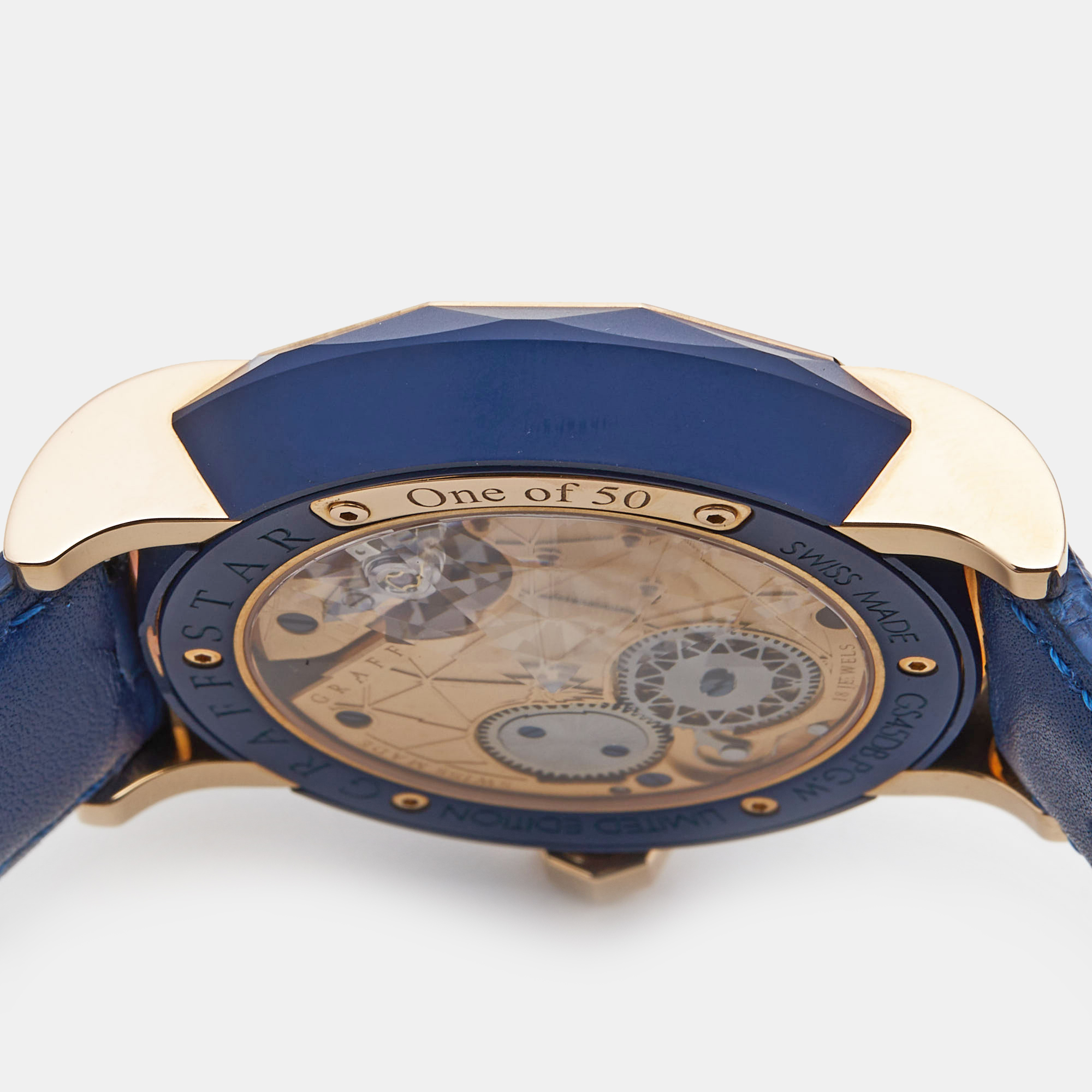 Graff Blue Resin 18K Rose Gold Diamond Alligator Leather Star Grande Date Limited Edition GS45DB.PG.W Men's Wristwatch 45 Mm