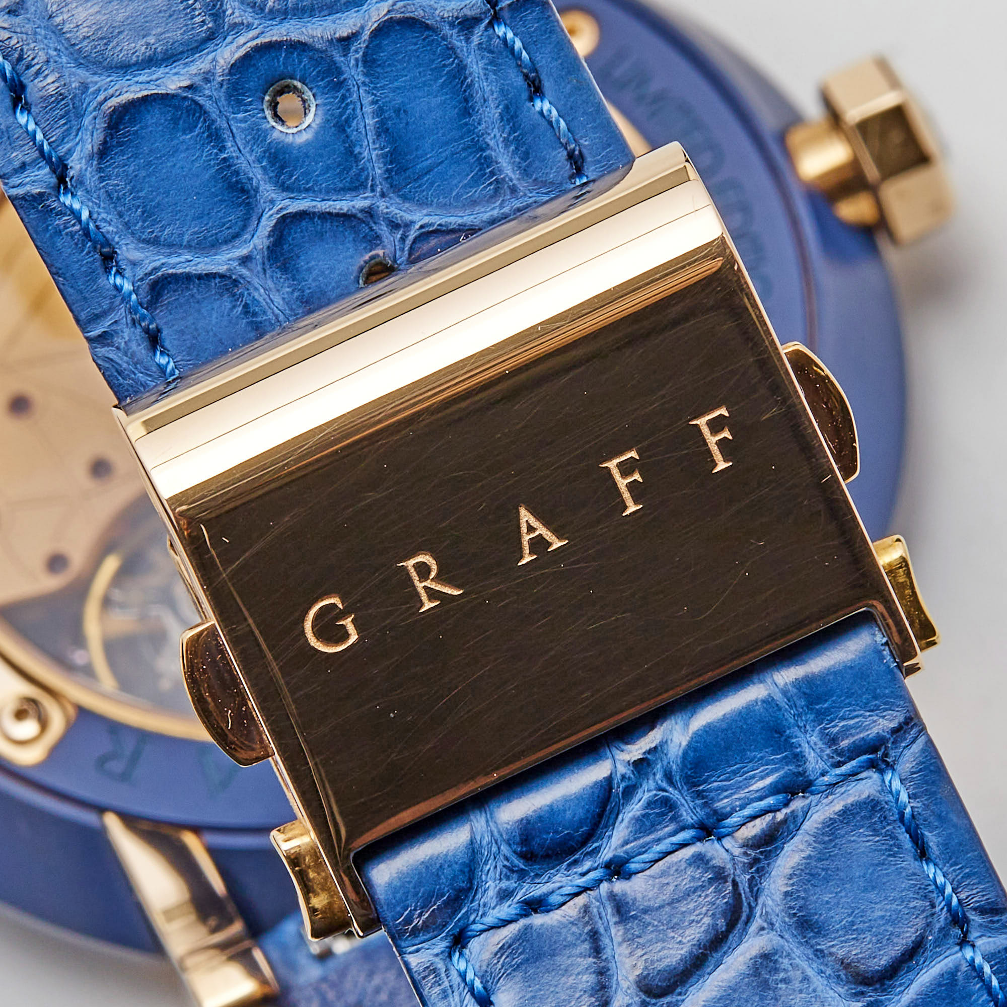 Graff Blue Resin 18K Rose Gold Diamond Alligator Leather Star Grande Date Limited Edition GS45DB.PG.W Men's Wristwatch 45 Mm