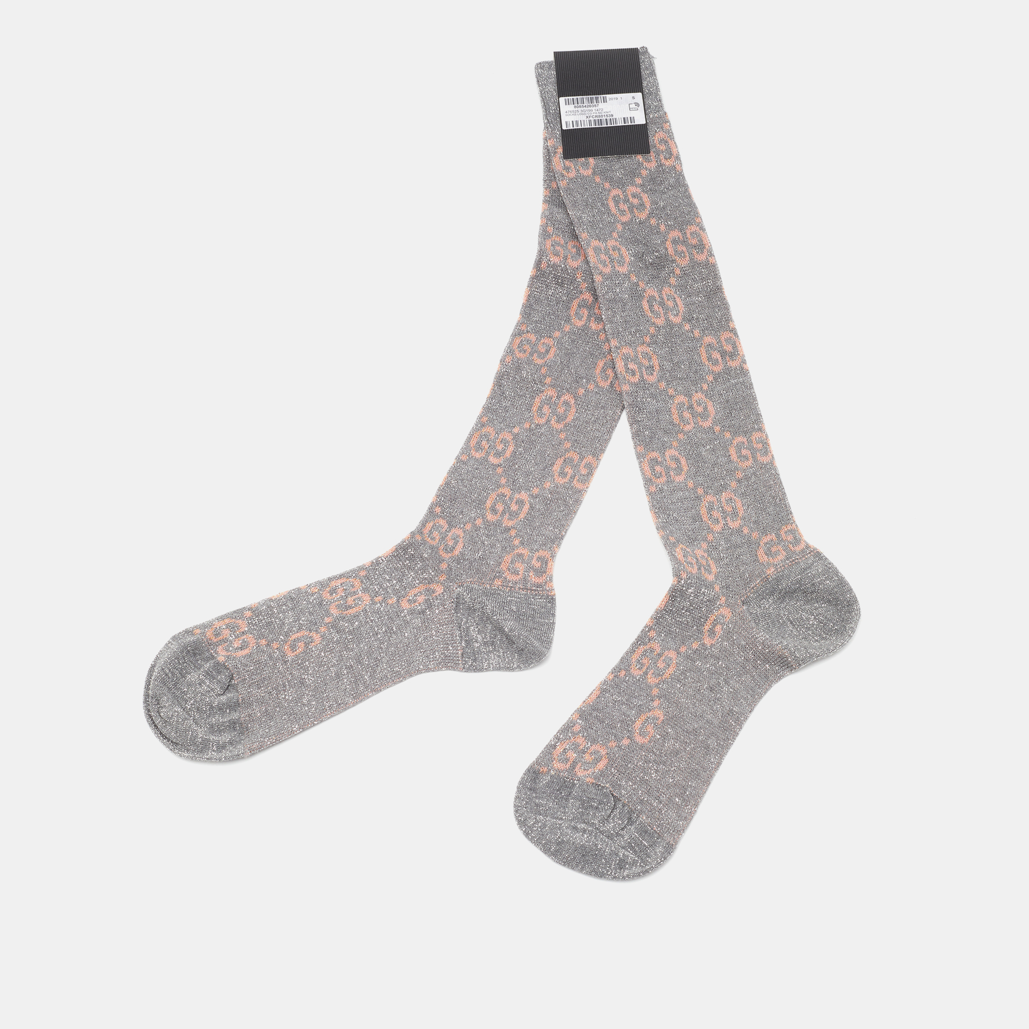 Gucci Silver & Beige  Logo Monogram Lurex Knit Knee High Socks S (8)