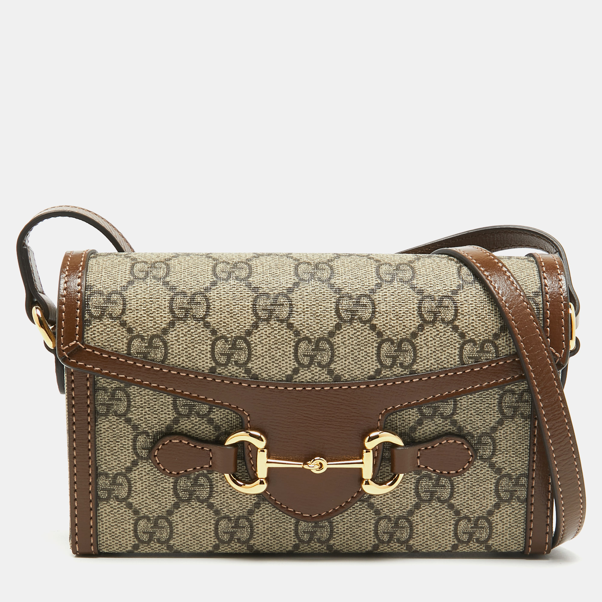 Gucci beige/brown gg supreme canvas mini horsebit 1955 crossbody bag