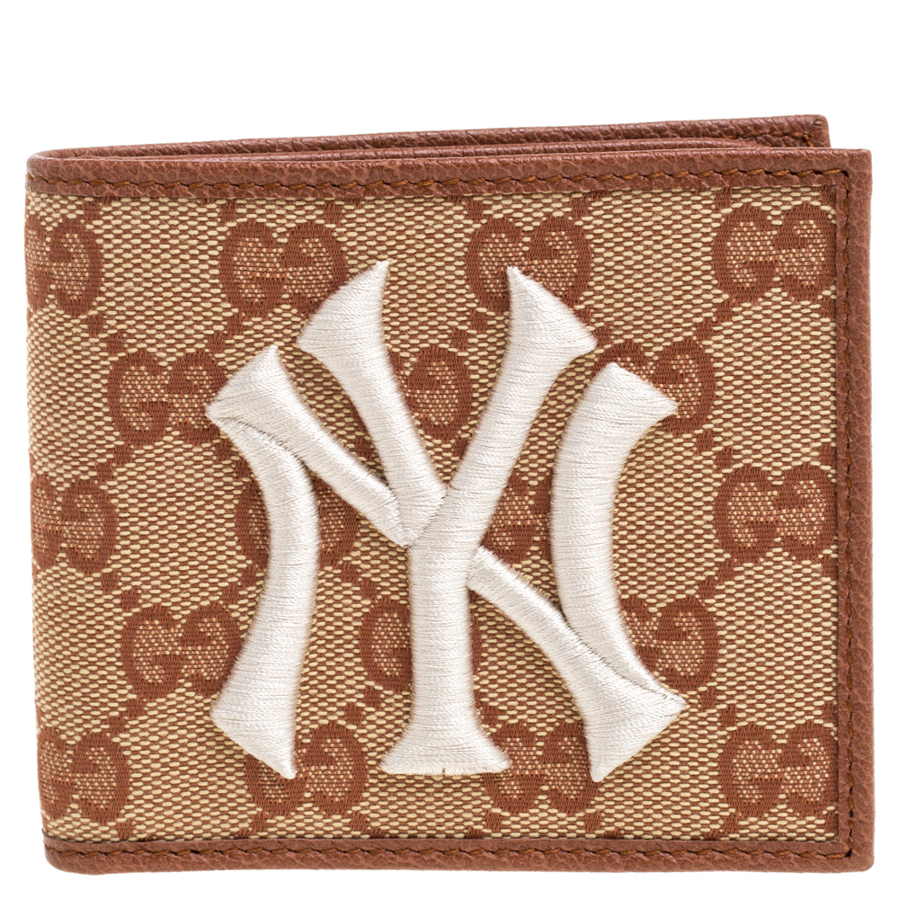 Image of Gucci Beige GG Canvas and Leather NY Yankees Patch Bifold Wallet