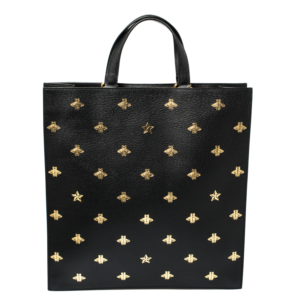 Gucci Black Leather Bee Star Two-Way Tote