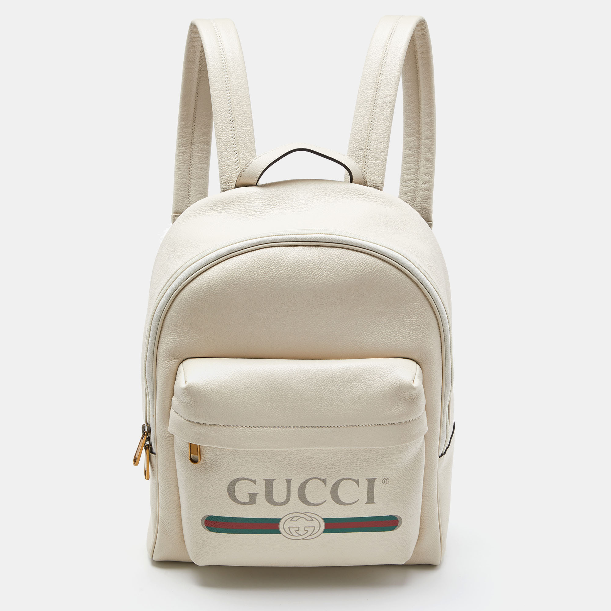 Gucci Cream Leather Logo Print Backpack