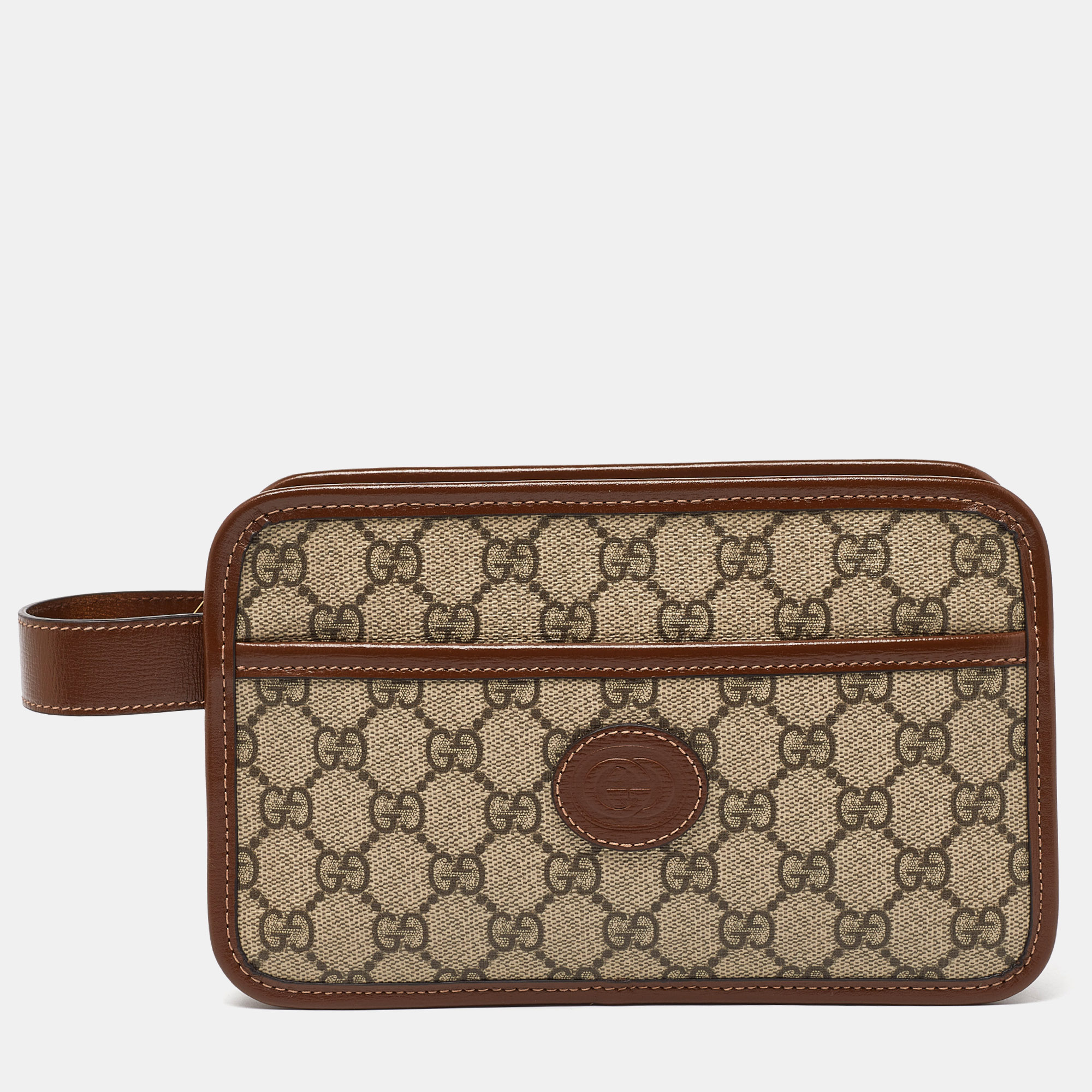 

Gucci Brown/Tan GG Supreme Canvas and Leather Pouch, Beige
