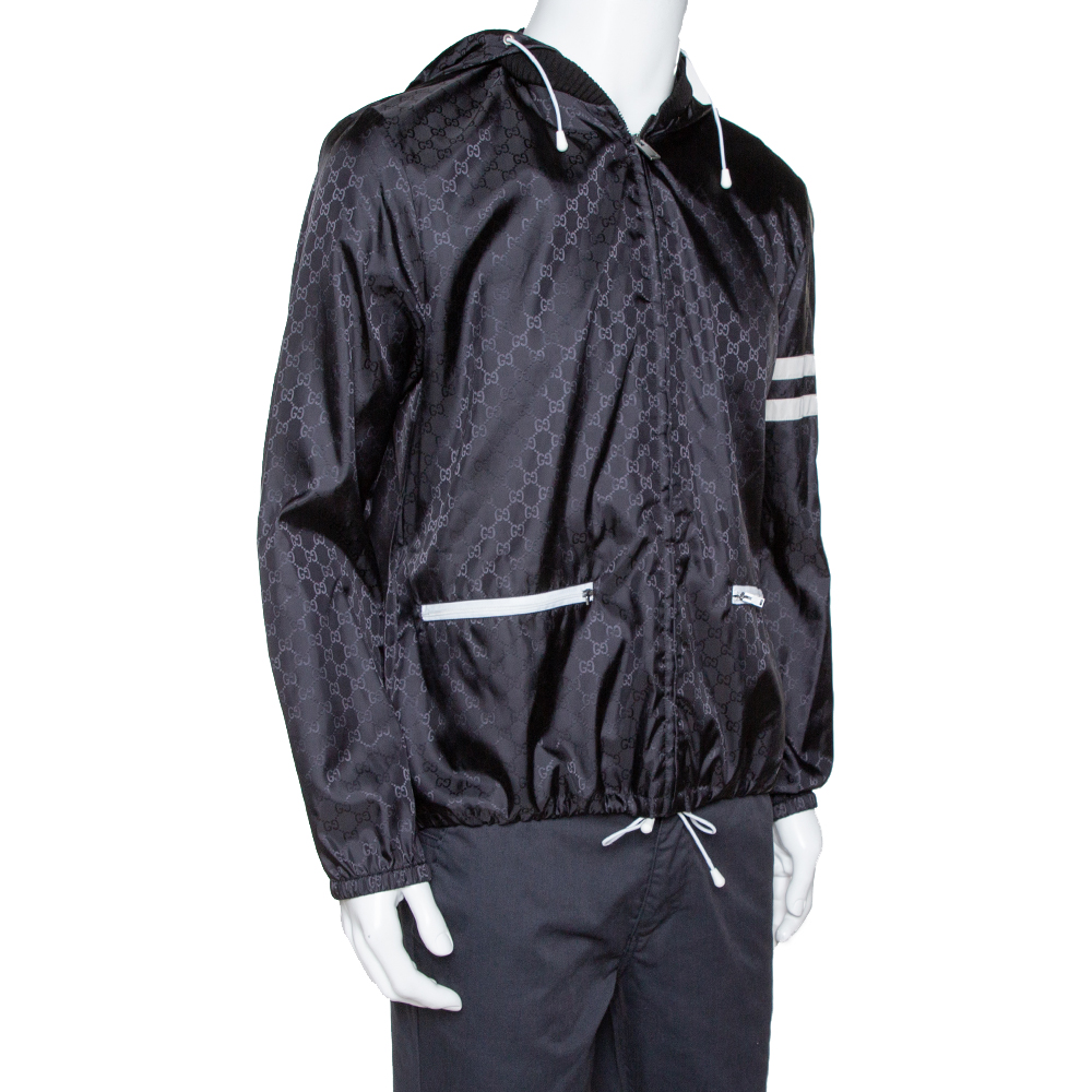 Gucci Black Logo Pattern Stripe Detail Hooded Shell Jacket
Gucci Black Logo Pattern Stripe Detail Hooded Shell Jacket