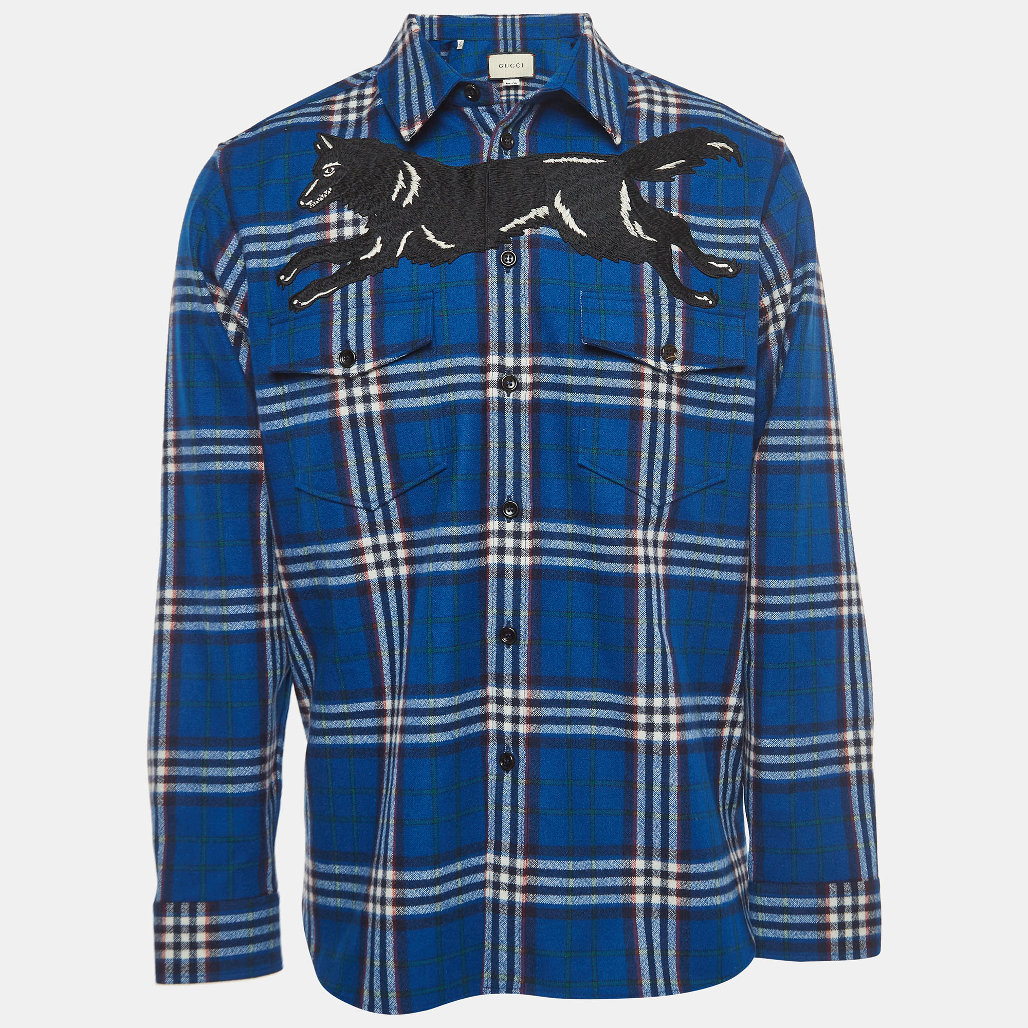 Gucci Blue Checked Wool Wolf Embroidered Flannel Shirt XL