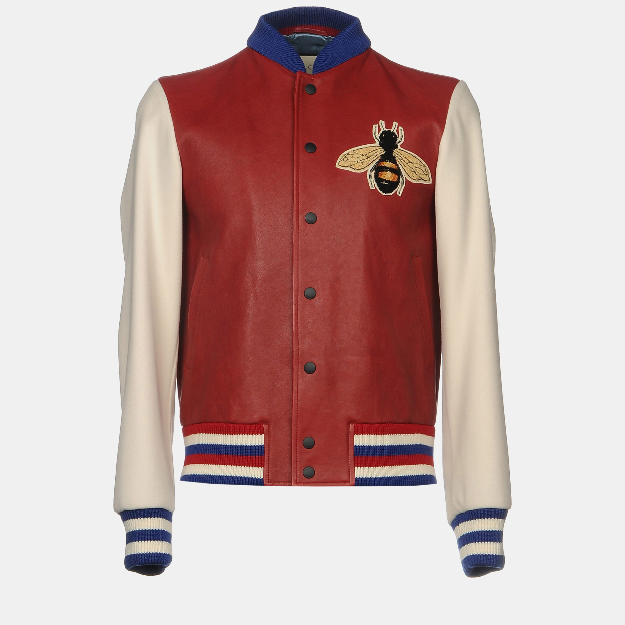 Gucci red lambskin & wool embroidered bomber jacket l (it 50)
