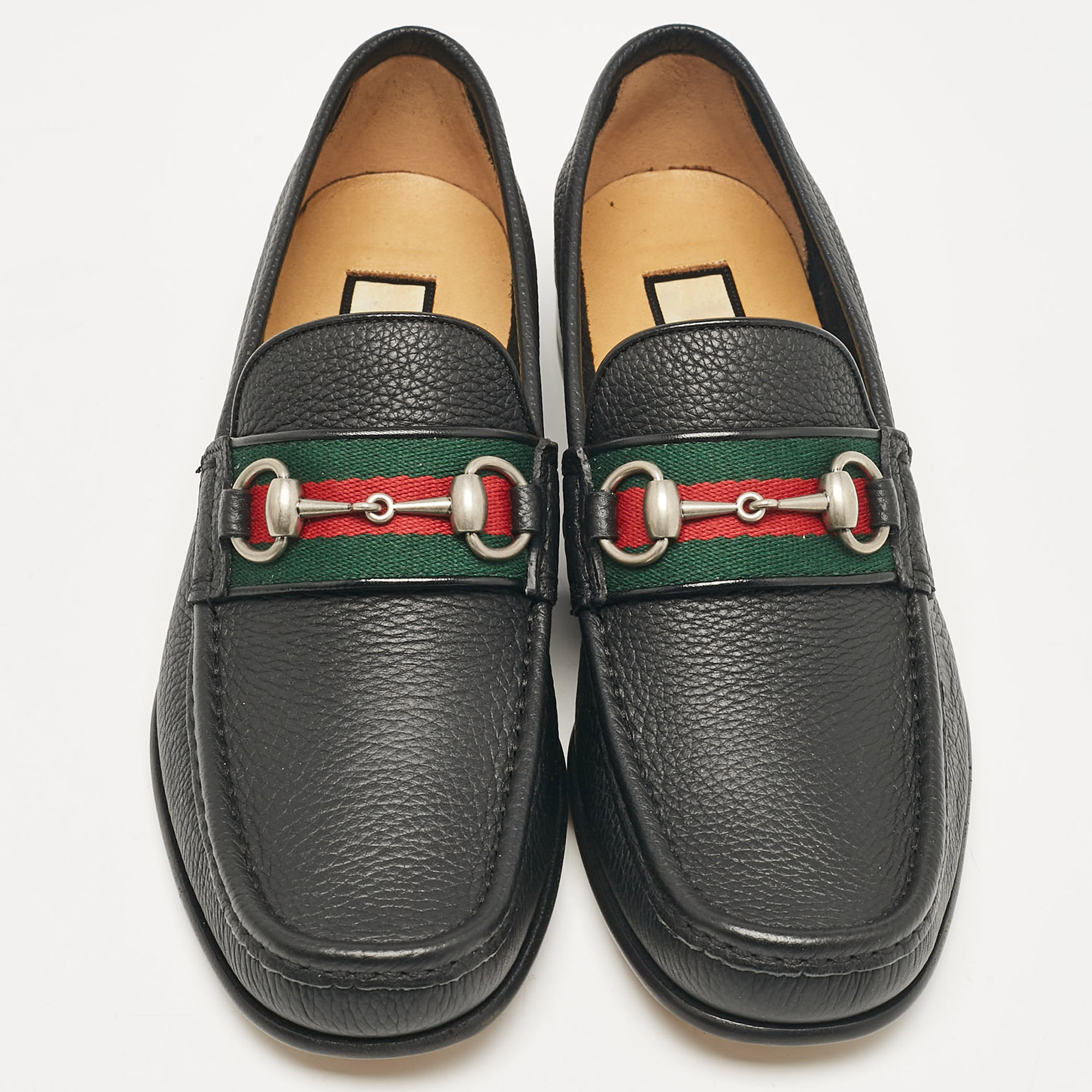 Gucci Black Leather Web Horsebit Loafers Size 40