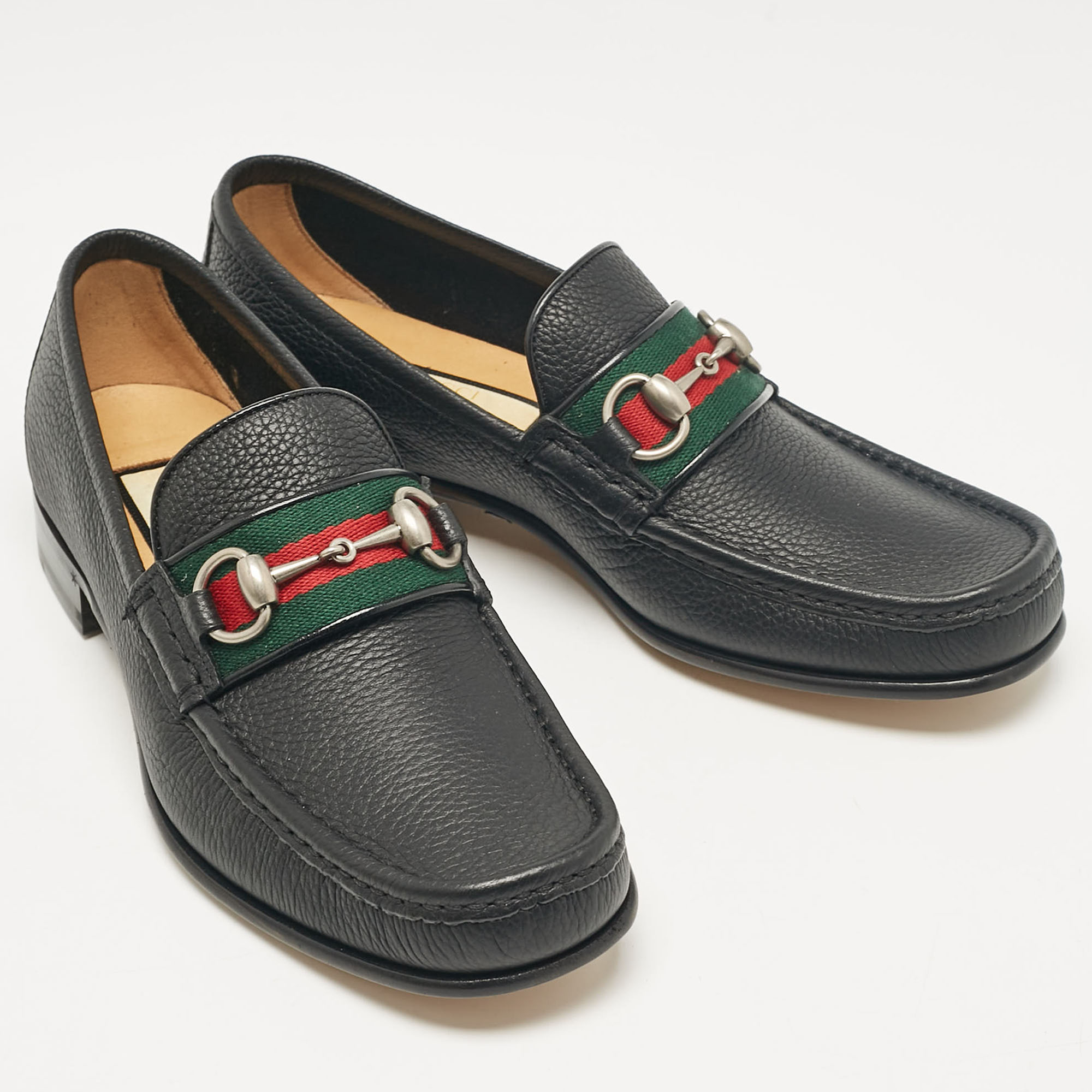 Gucci Black Leather Web Horsebit Loafers Size 40