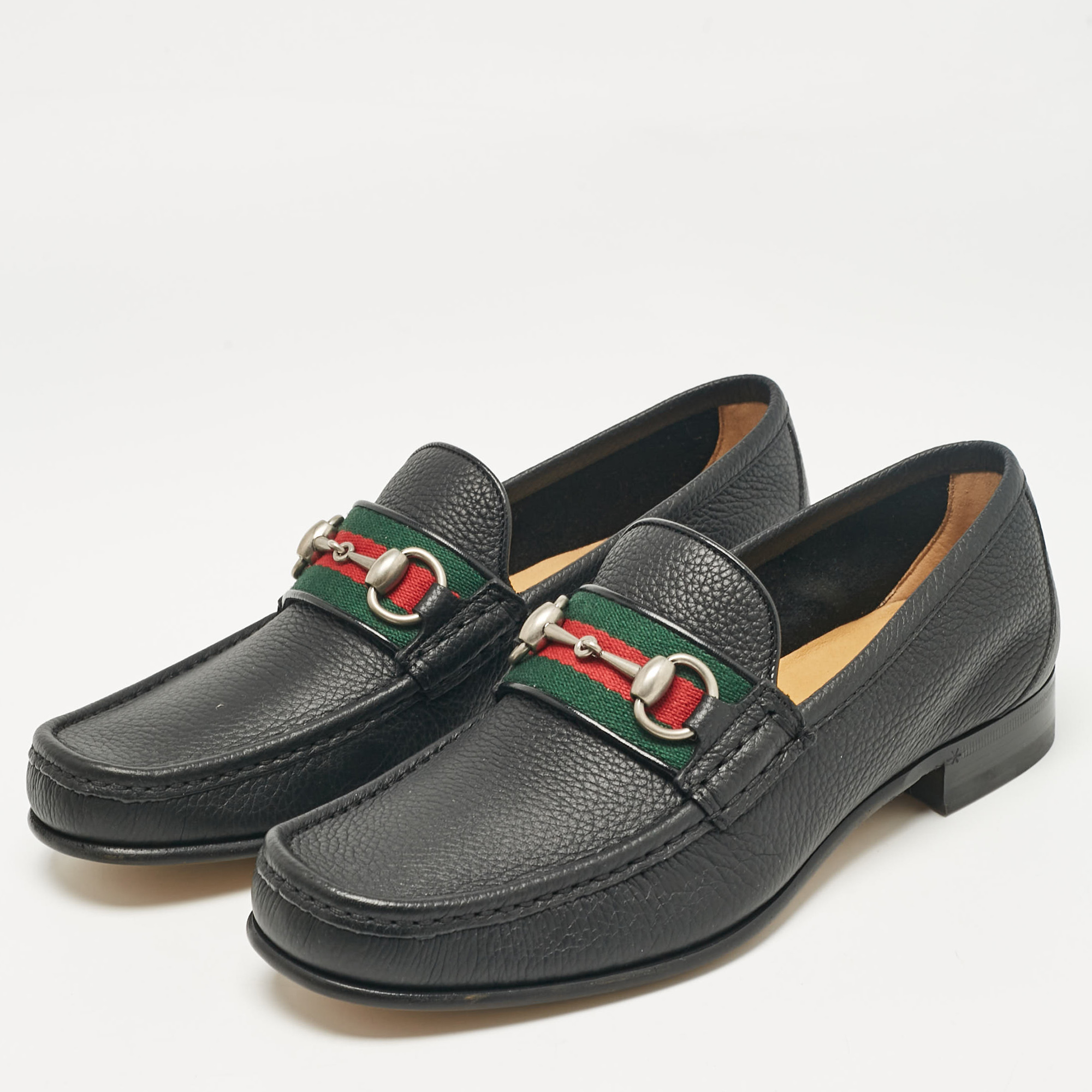 Gucci Black Leather Web Horsebit Loafers Size 40