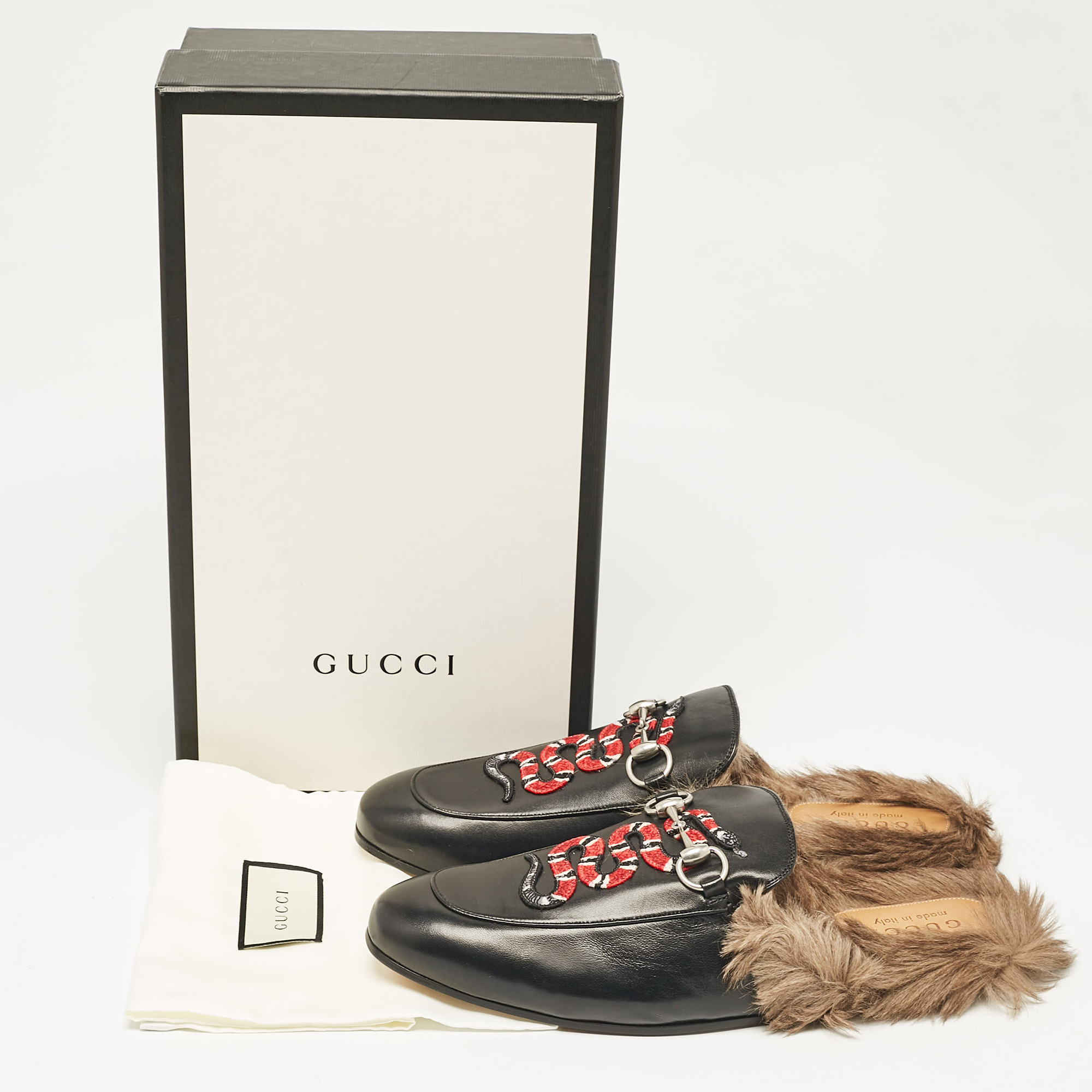 Gucci Black Leather Fur Lined Kingsnake Princetown Mules Size 44