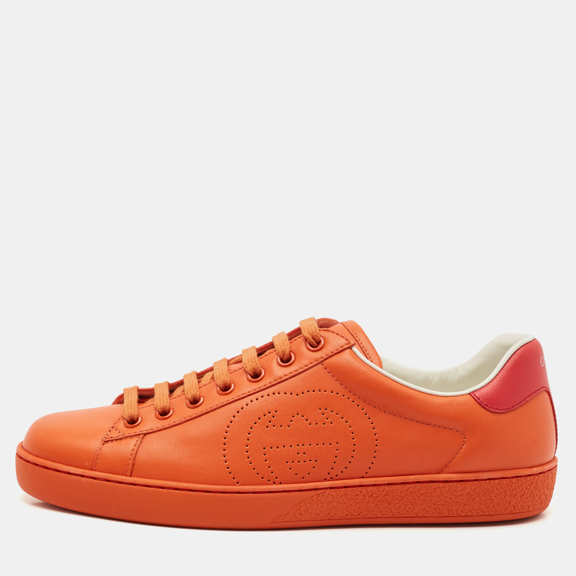 Gucci Orange Perforated Interlocking G Leather Ace Sneakers Size 40.5
Gucci Orange Perforated Interlocking G Leather Ace Sneakers Size 40.5
