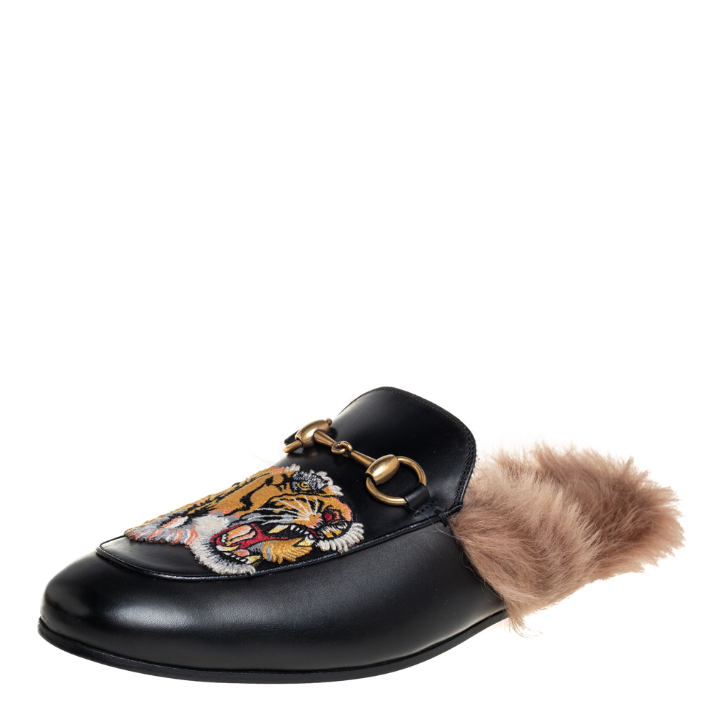 Gucci Black Leather And Fur Tiger Embroidered Princetown Mules Size 40
