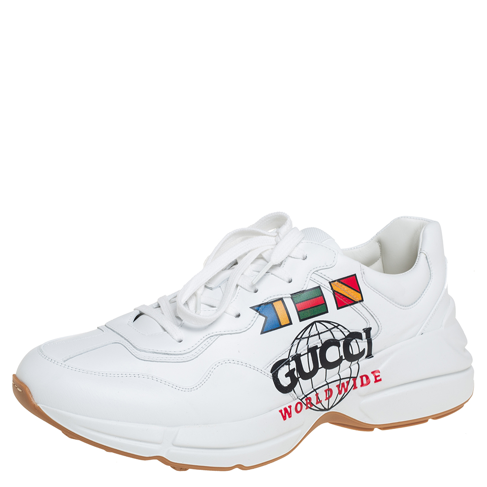 Gucci White Leather Rhyton Worldwide Print Low Top Sneakers Size 44.5