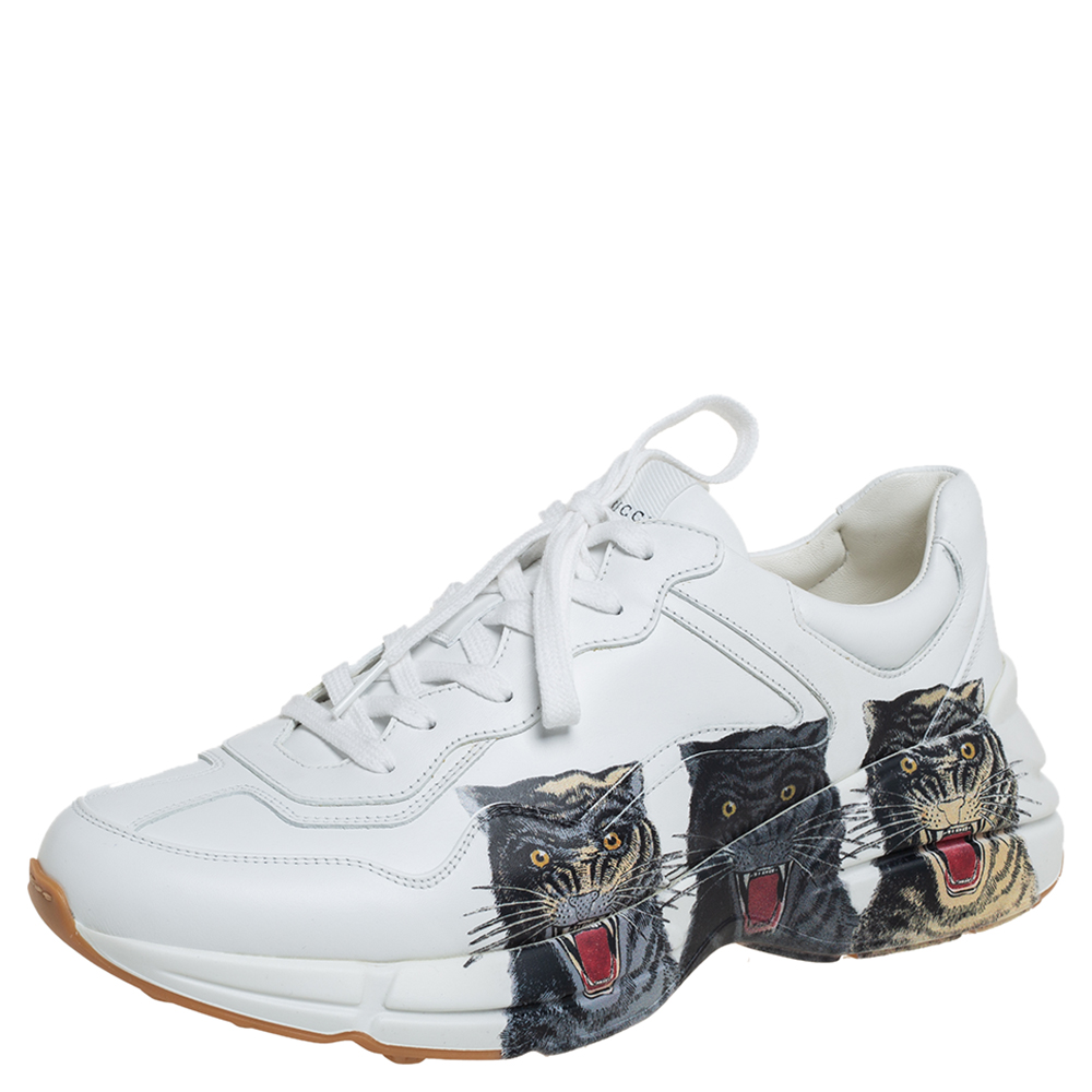 Gucci White Leather Rhyton Tigers Print Low Top Sneakers Size 43