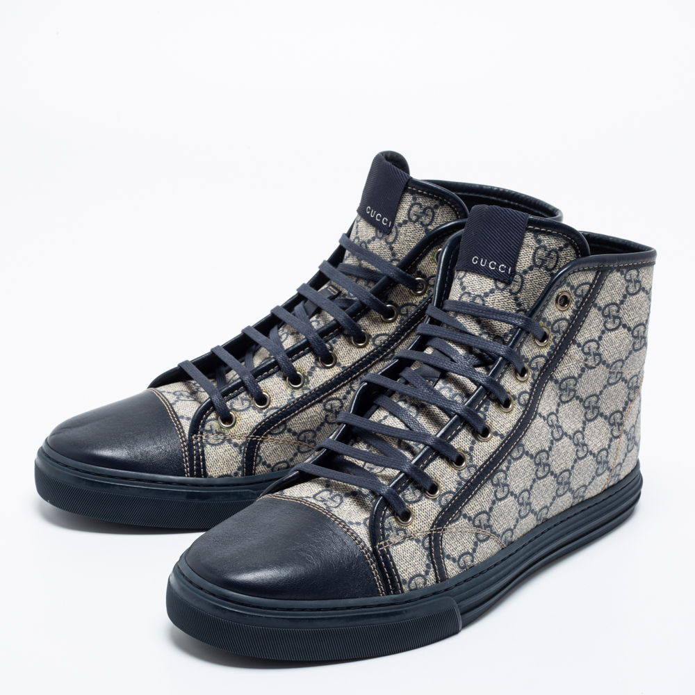 Gucci Blue/White GG Supreme Canvas and Leather Cap Toe High Top Sneakers Size, Beige
Gucci Blue/White GG Supreme Canvas and Leather Cap Toe High Top Sneakers Size, Beige