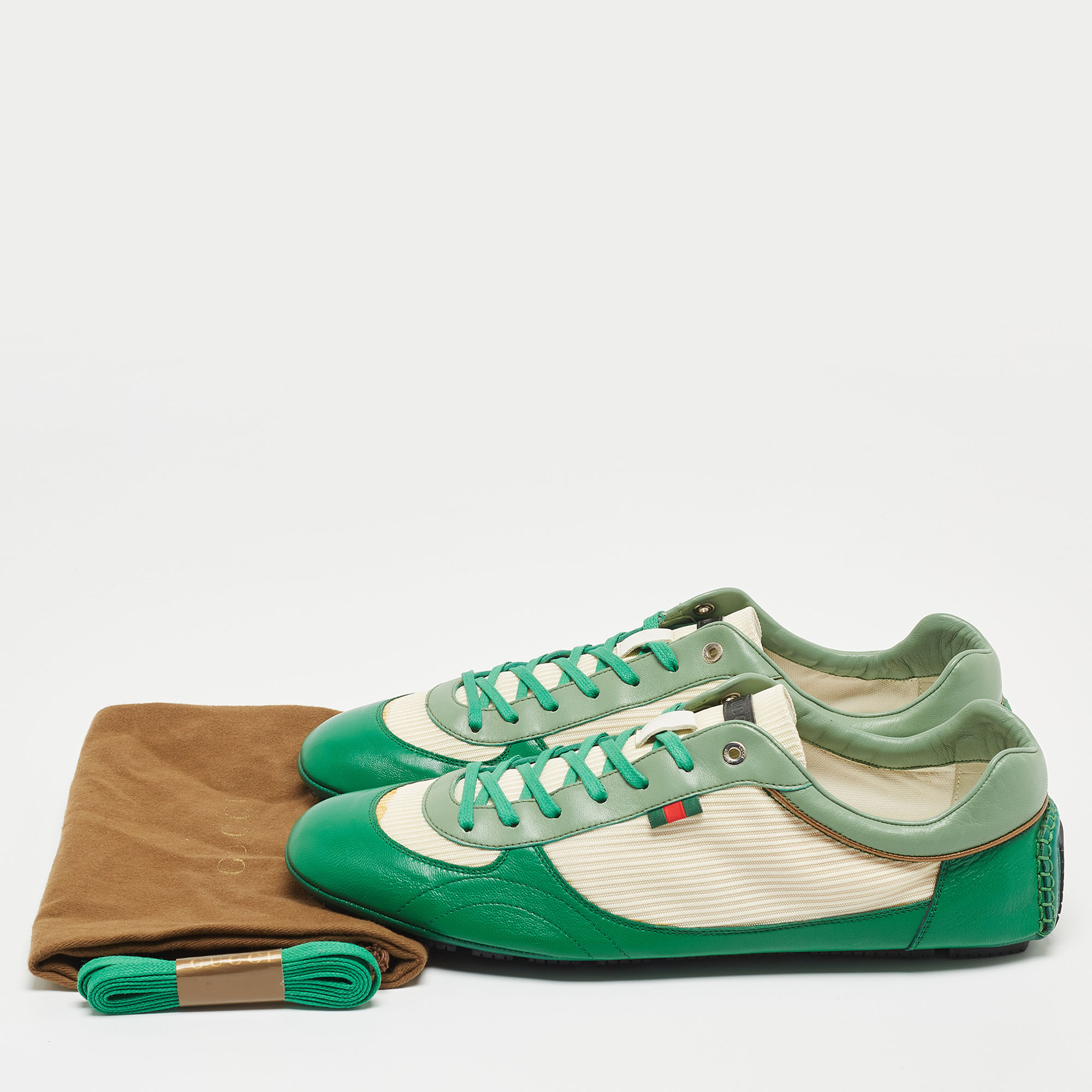 Gucci Green/White Leather And Fabric Low Top Sneakers Size 45.5