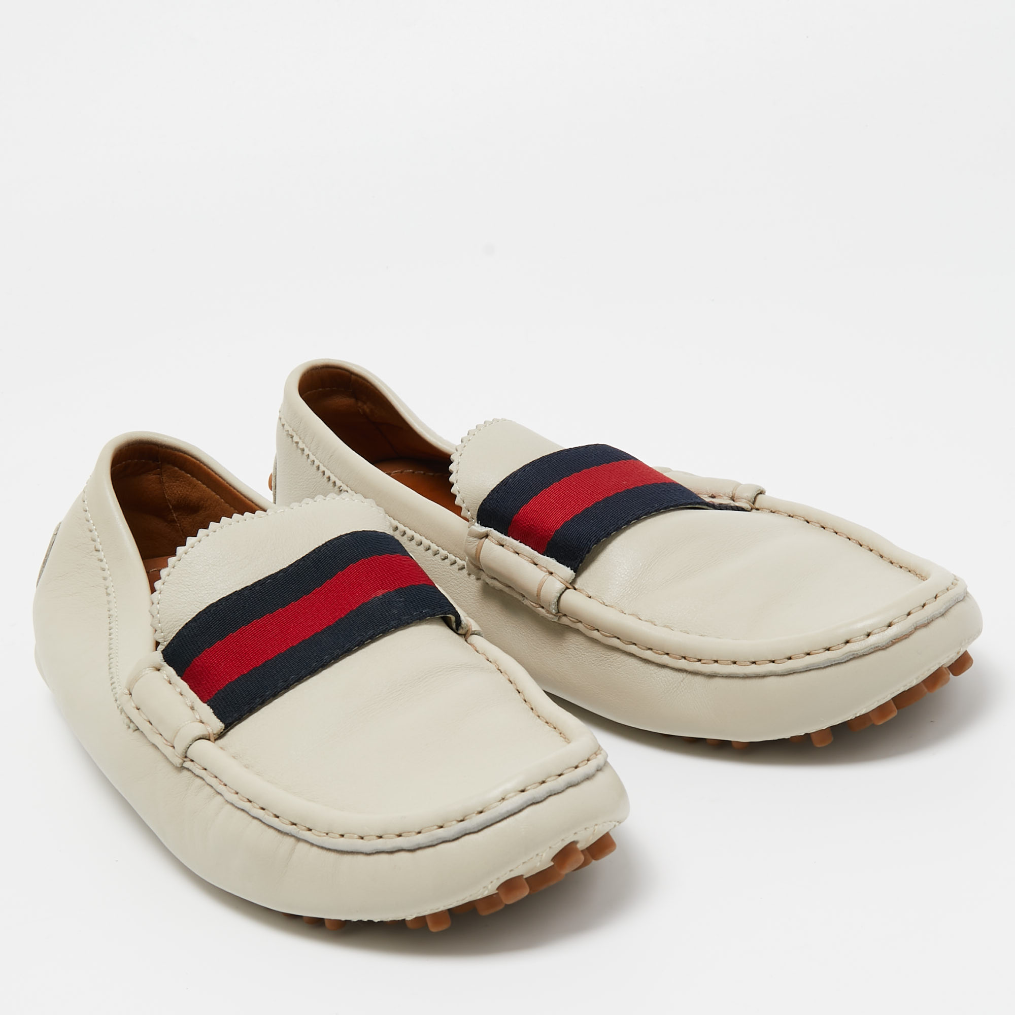 Gucci Cream Leather Web Slip On Loafers Size 43.5