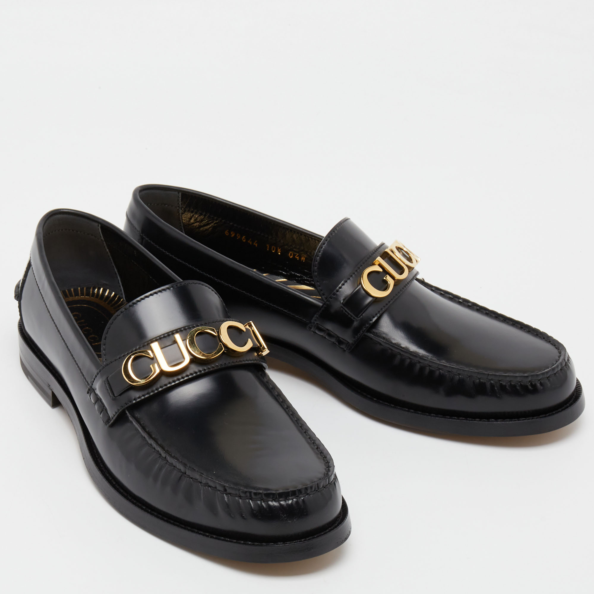 Gucci Black Leather Cara Logo Embellished Loafers Size 44.5