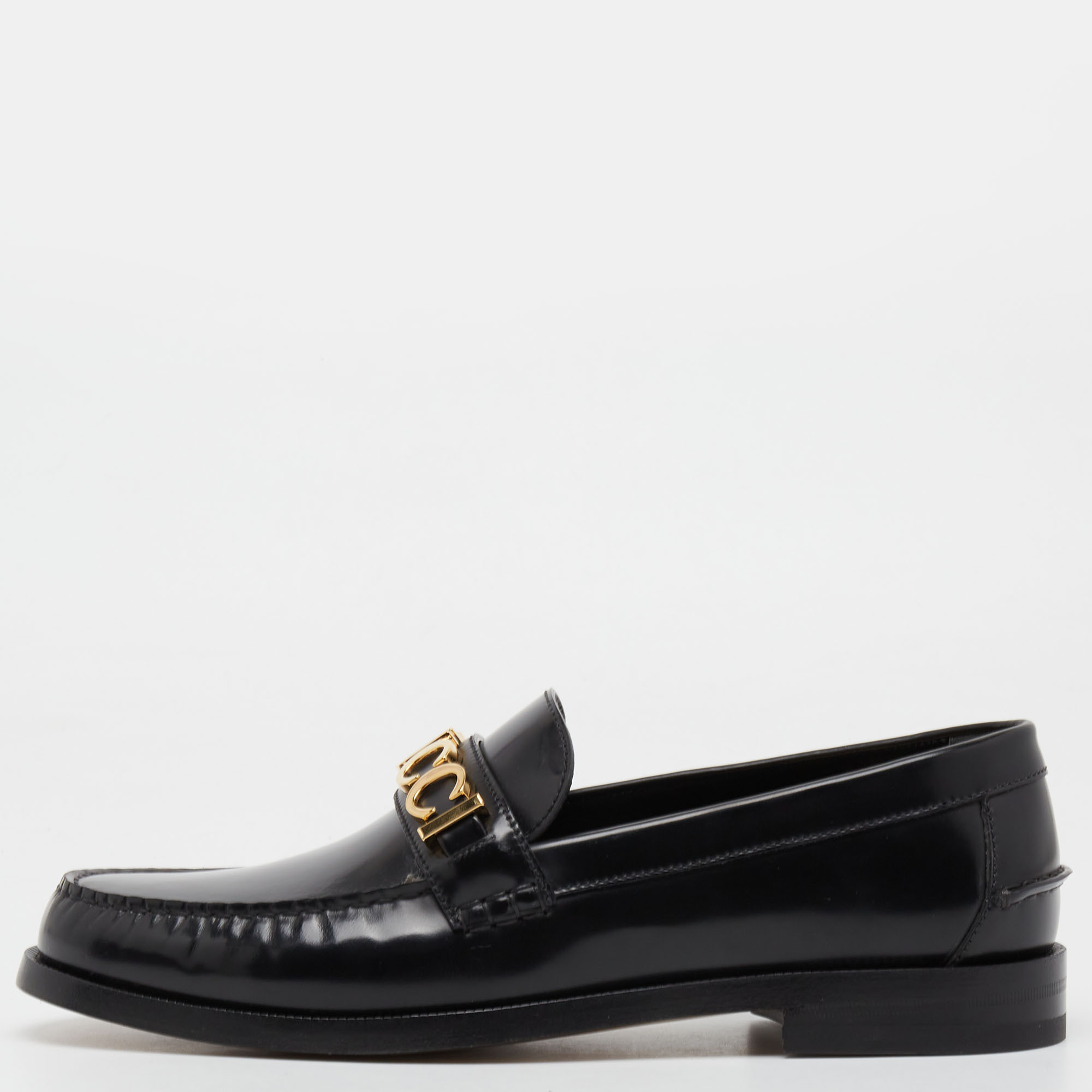 Gucci Black Leather Cara Logo Embellished Loafers Size 44.5