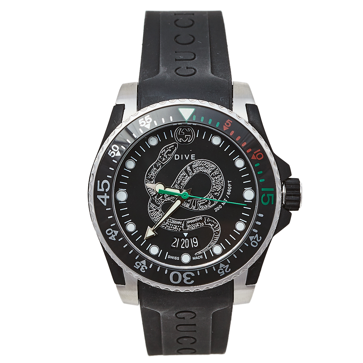 Gucci Black Stainless Steel Snake Motif Dive YA136323 Men's Wristwatch 40 mm