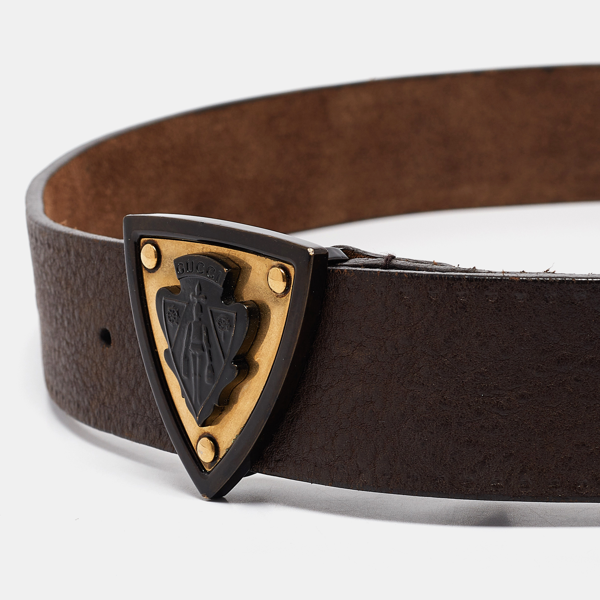 Gucci Dark Brown Leather Hysteria Crest Buckle Belt 105 CM