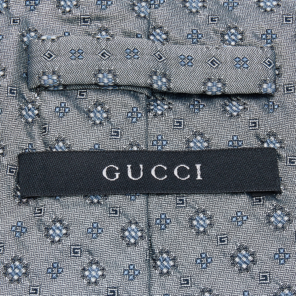 Gucci Metallic Grey Micro Motif Jacquard Silk Tie