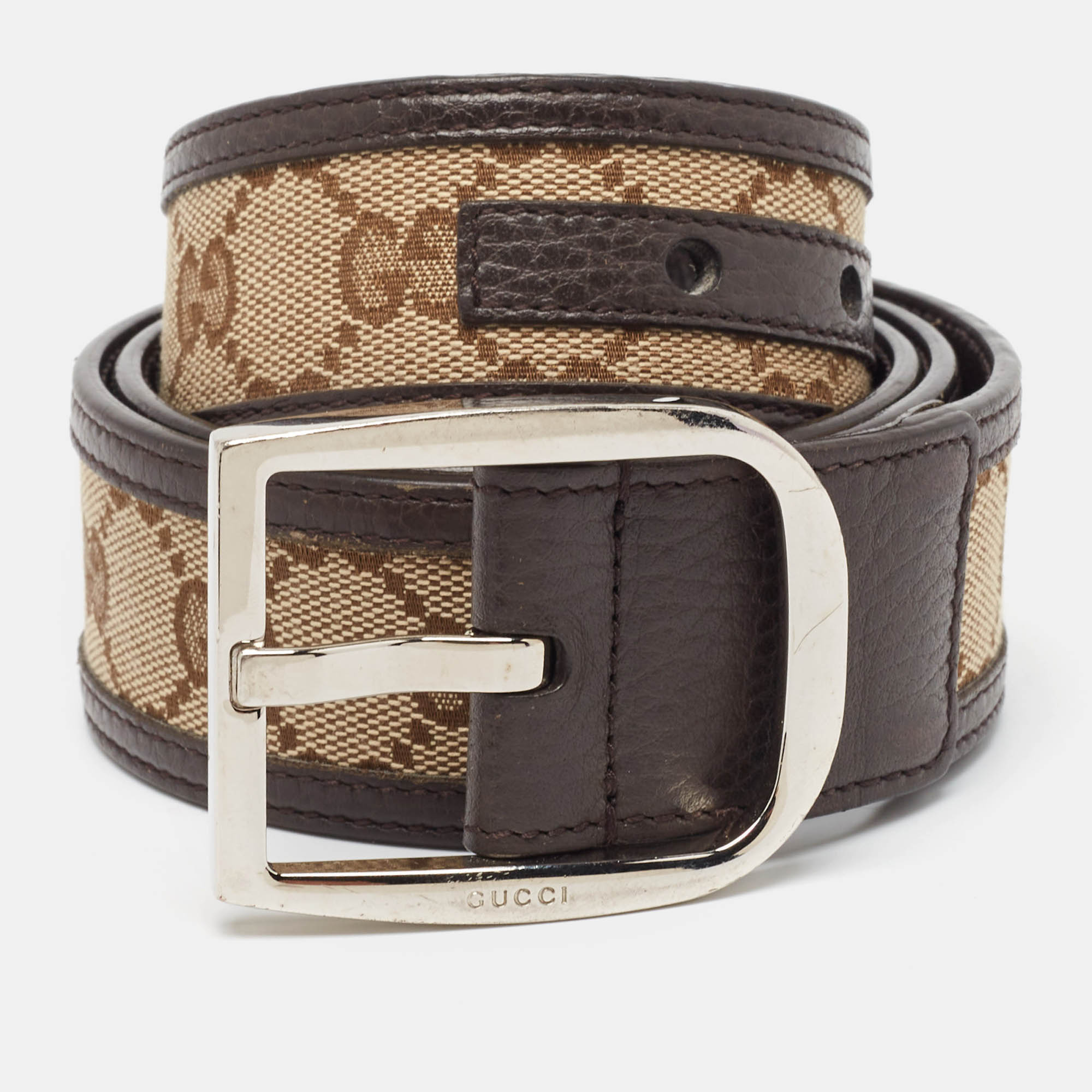Gucci dark brown/beige gg canvas and leather d buckle belt 95cm