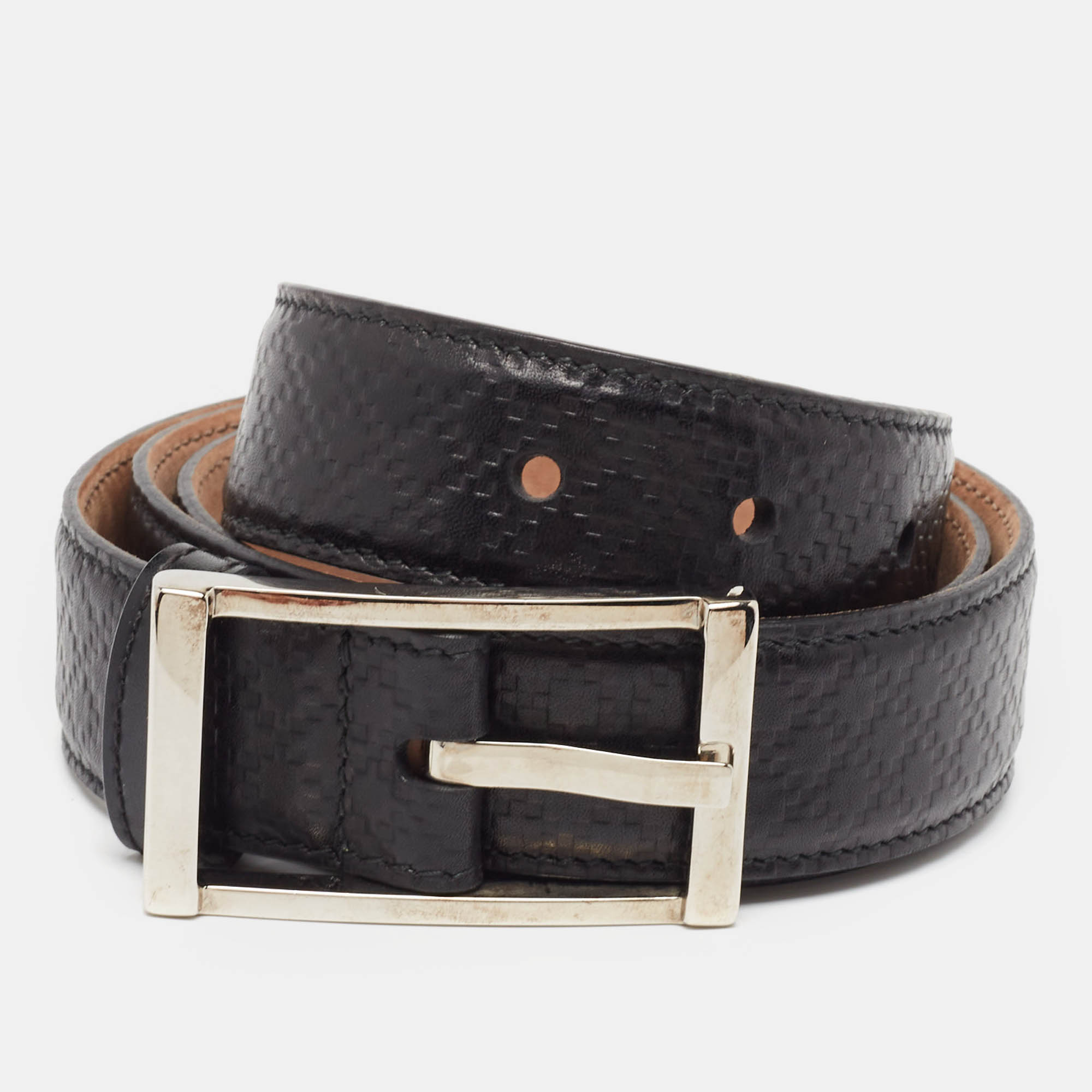 Gucci black diamante embossed leather buckle belt 90cm