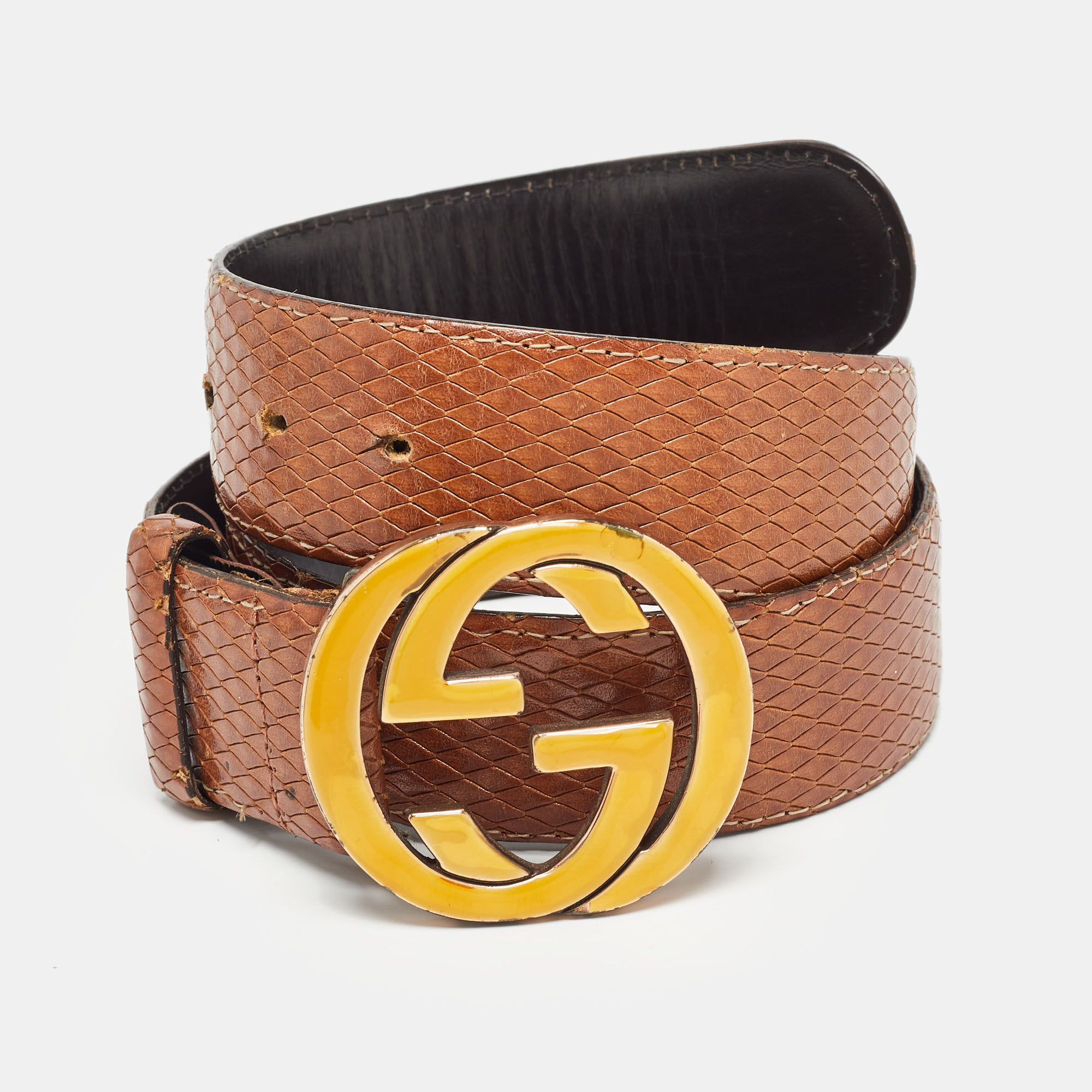 Gucci brown snakeskin embossed leather interlocking g belt 90cm