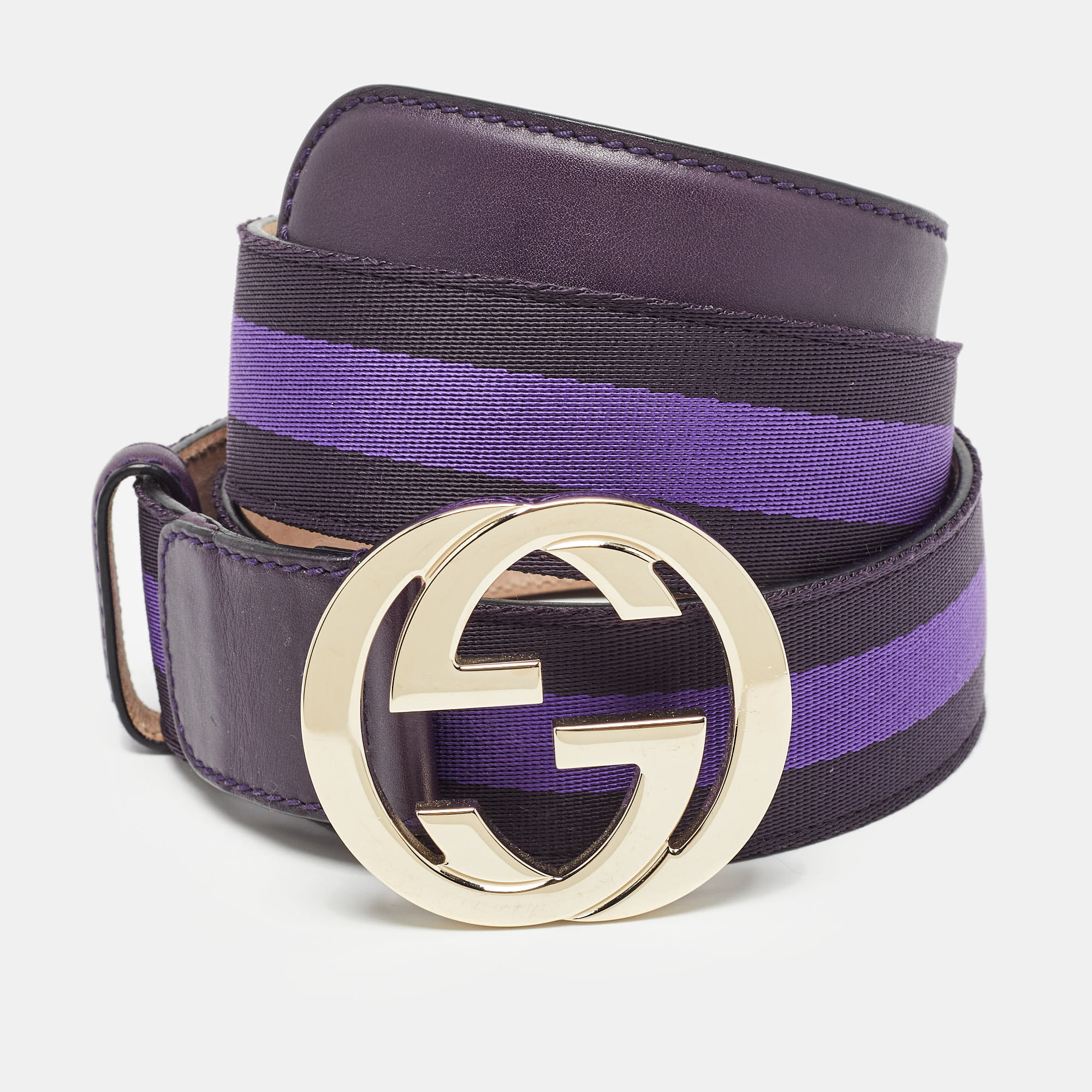 Gucci purple/plum web fabric and leather interlocking g buckle belt 95cm