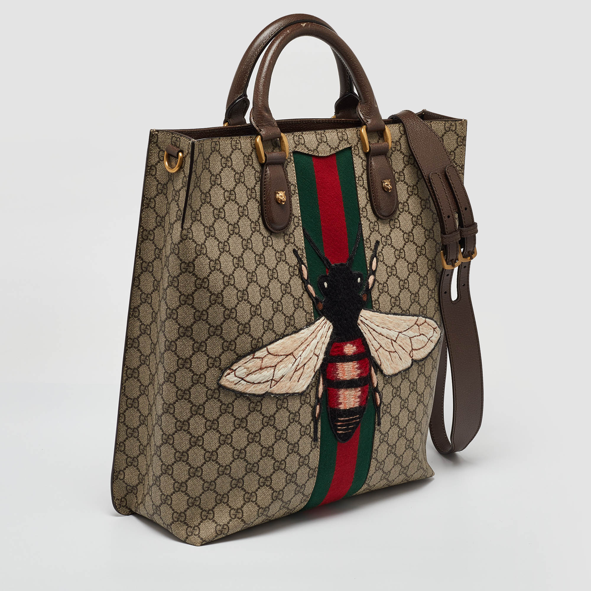 Gucci Beige GG Supreme Canvas And Leather Animalier Vertical Tote