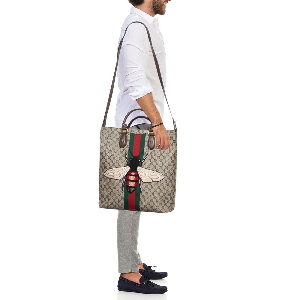 Gucci Beige GG Supreme Canvas And Leather Animalier Vertical Tote