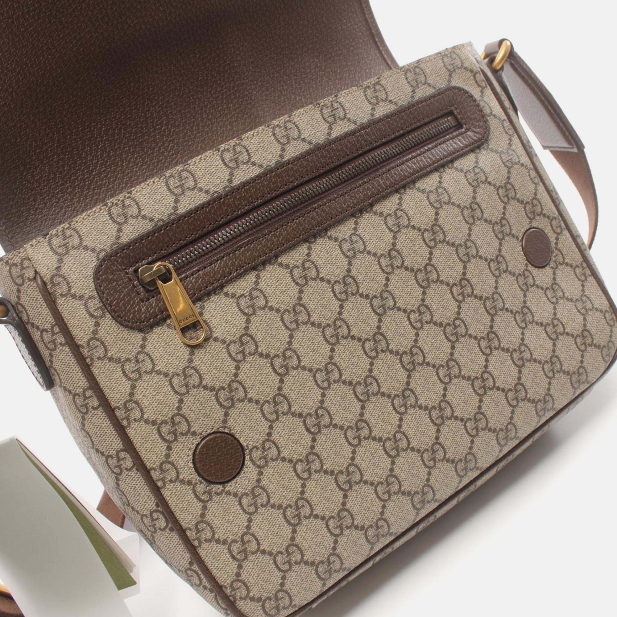 Gucci Beige Brown Multicolor Coated Canvas Leather Ophidia GG Supreme Medium Bag