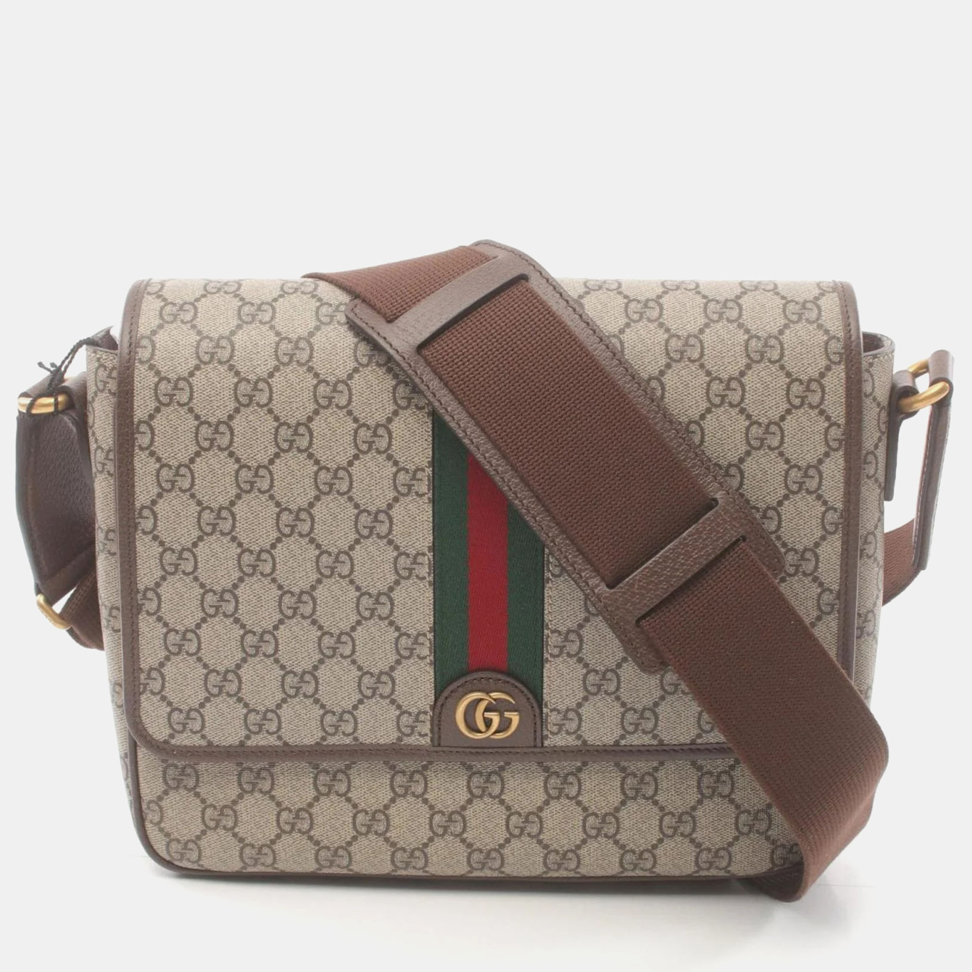 Gucci Beige Brown Multicolor Coated Canvas Leather Ophidia GG Supreme Medium Bag