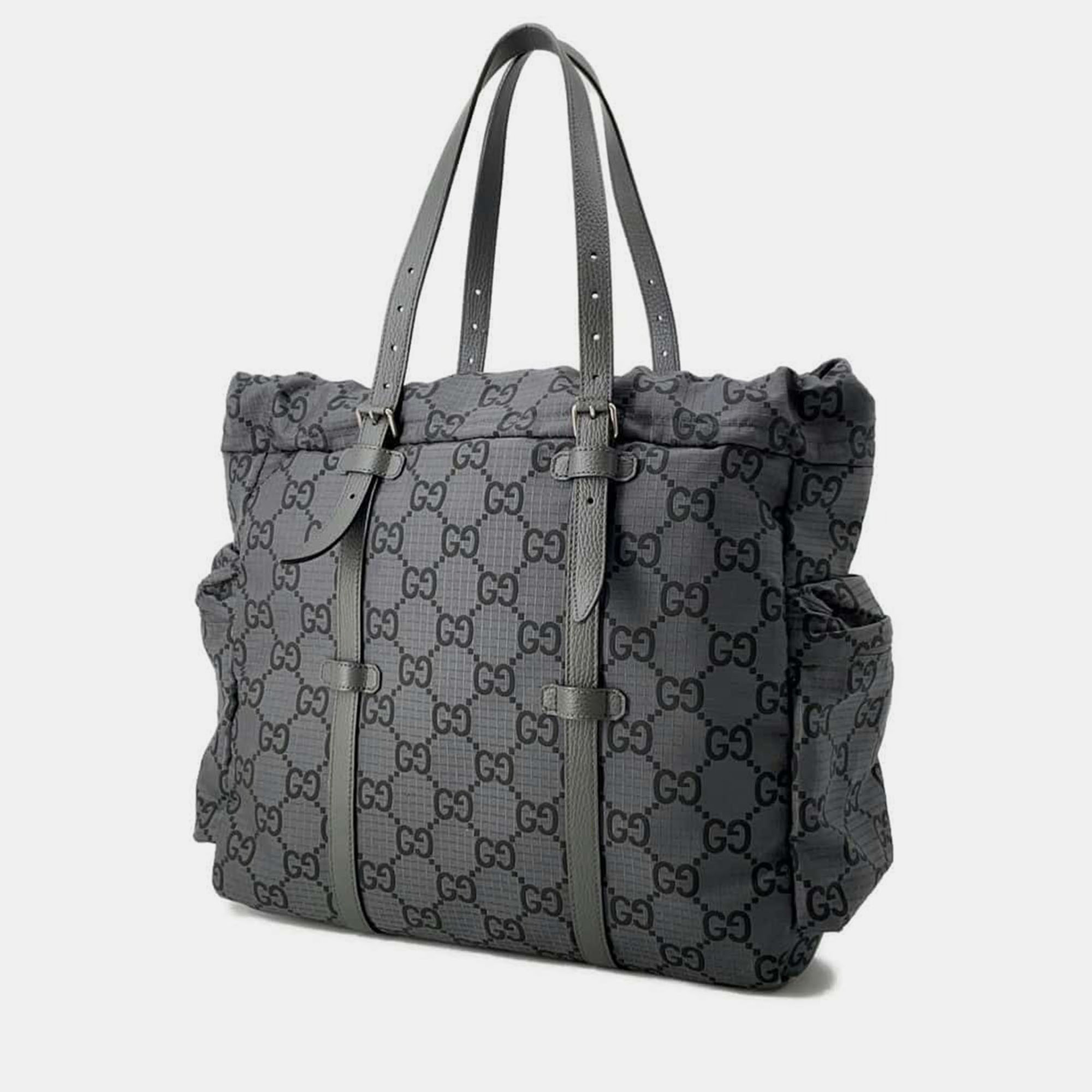 Gucci Gray GG Nylon Leather Ripstop Tote Bag