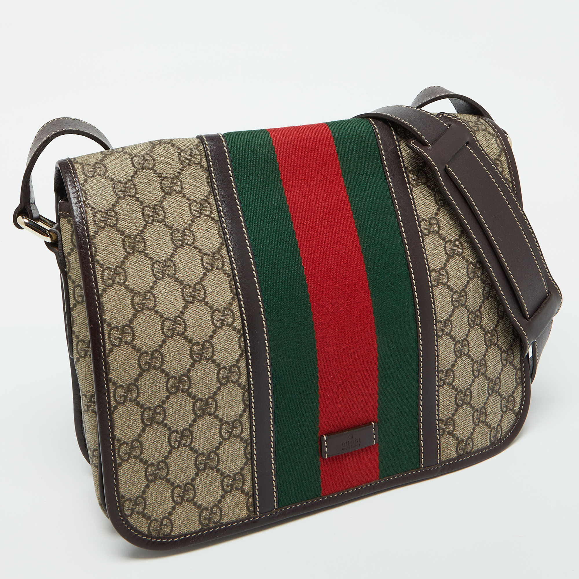 Gucci Beige/Brown GG Supreme Canvas And Leather Web Flap Messenger Bag