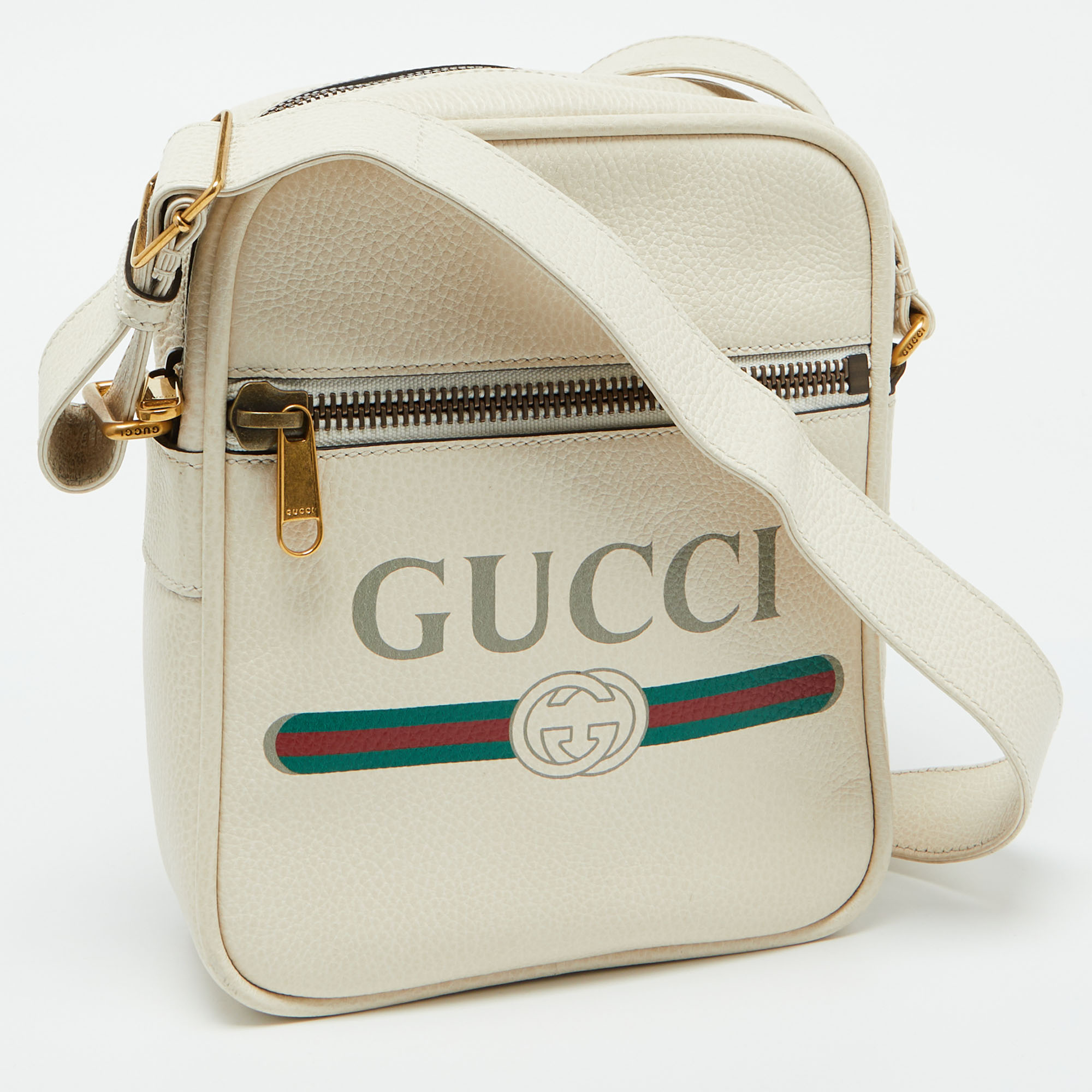 Gucci White Leather Logo Print Messenger Bag